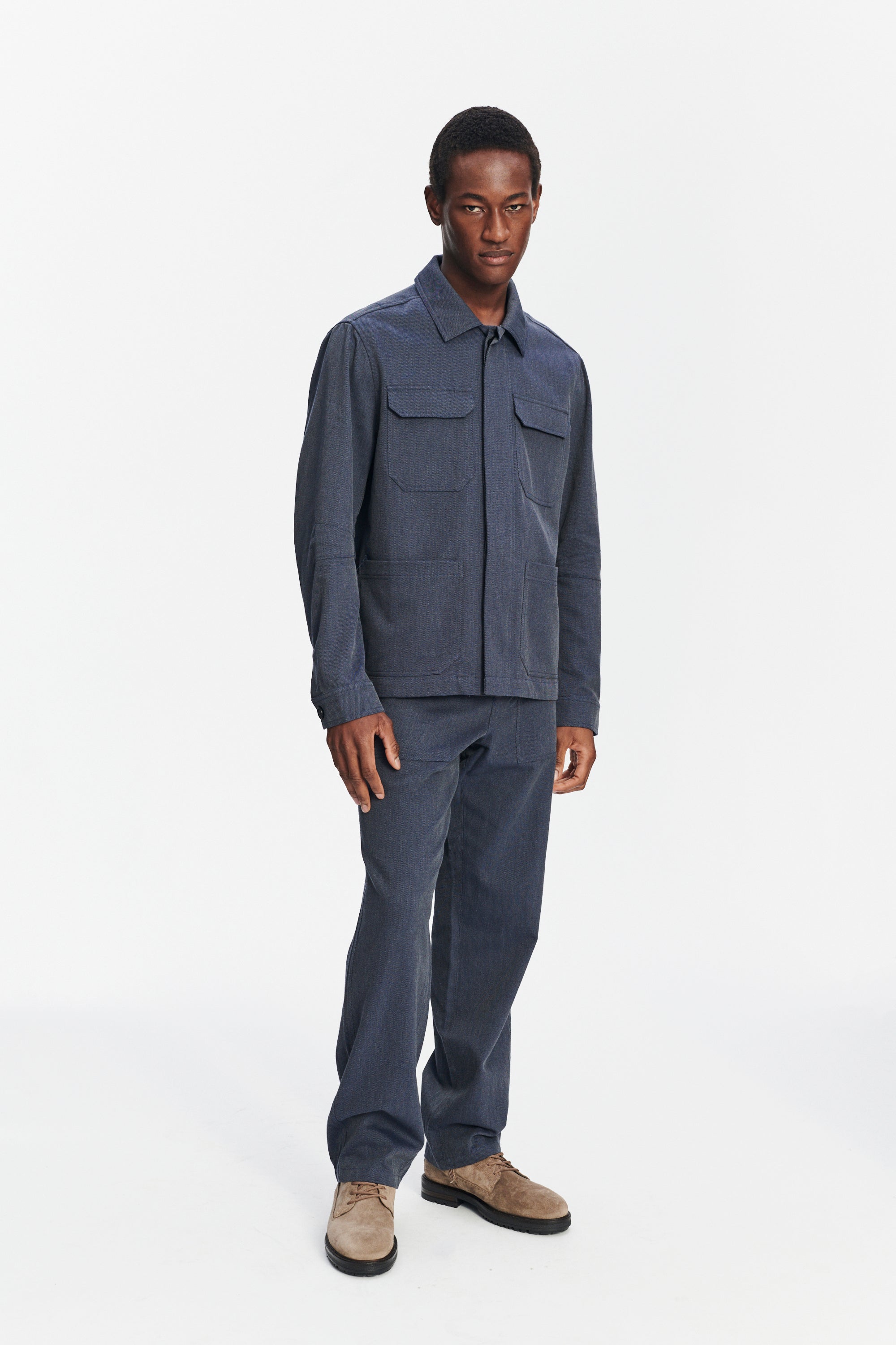 Workwear Jacket in the Finest Steel Blue Italian Twill Cotton and Wool from Subalpino