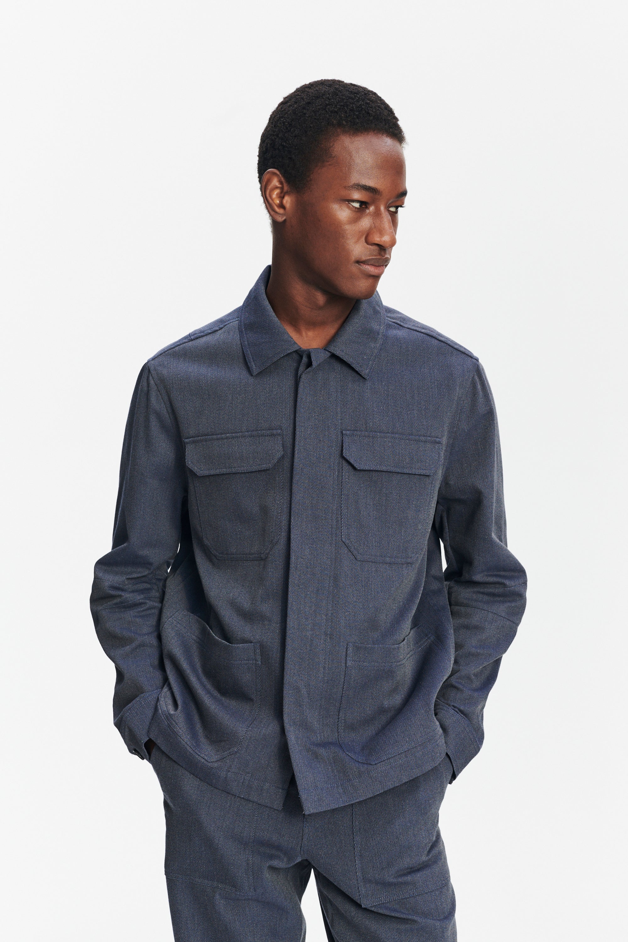 Workwear Jacket in the Finest Steel Blue Italian Twill Cotton and Wool from Subalpino