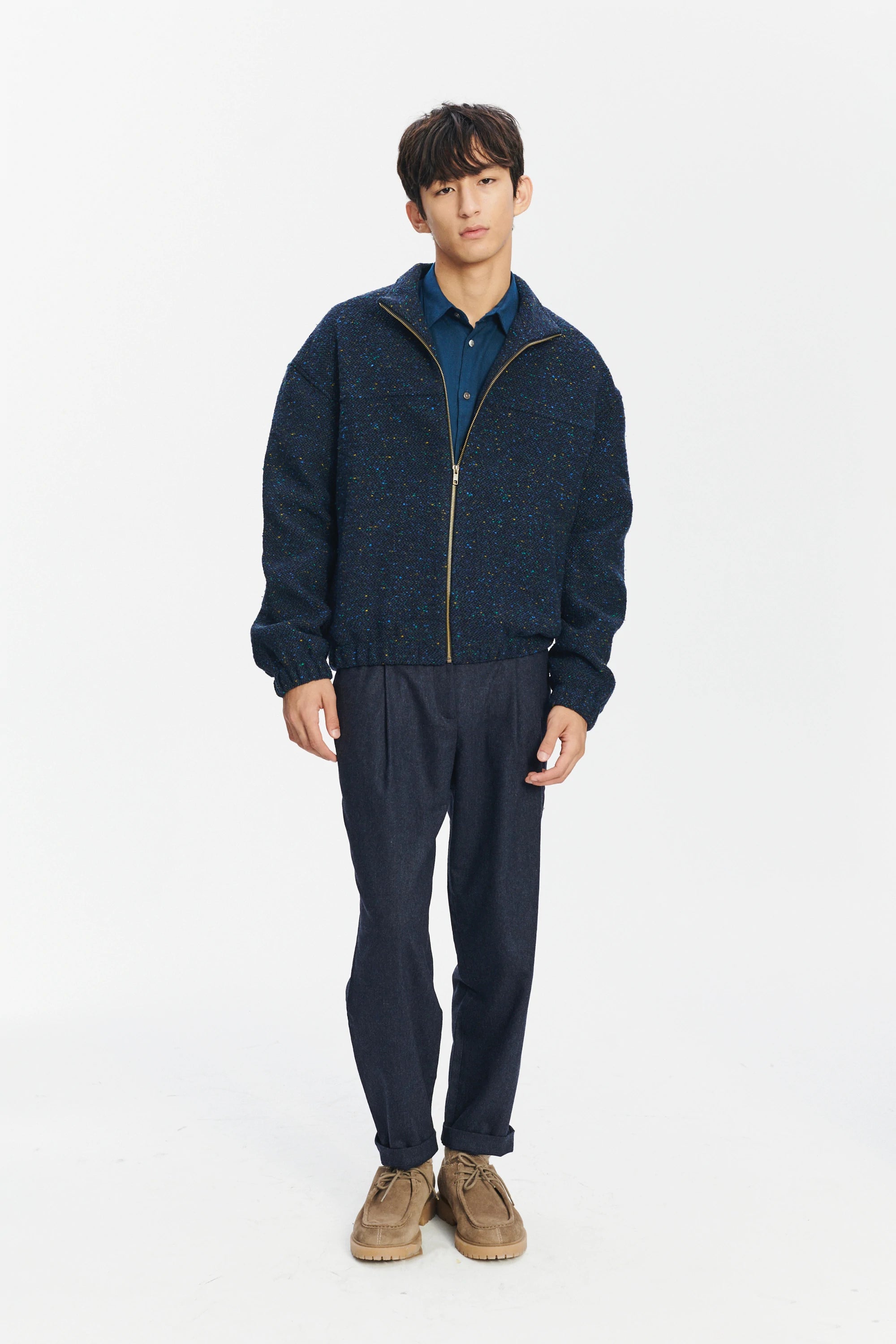 New Zipped Blouson Jacket in Navy Virgin Wool Blend