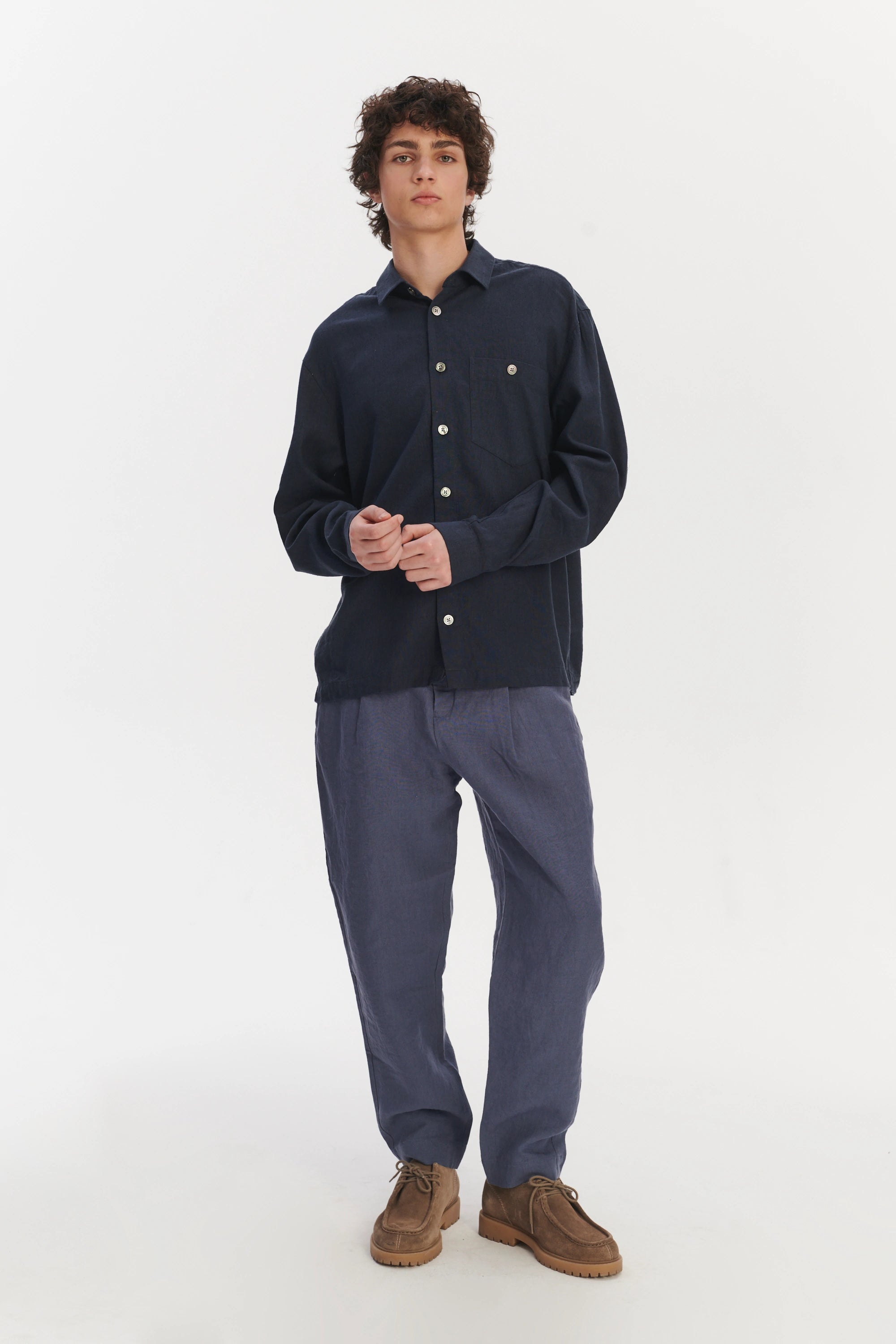 Architects Overshirt in a Navy Blue Mix of Japanese Linen and Silk