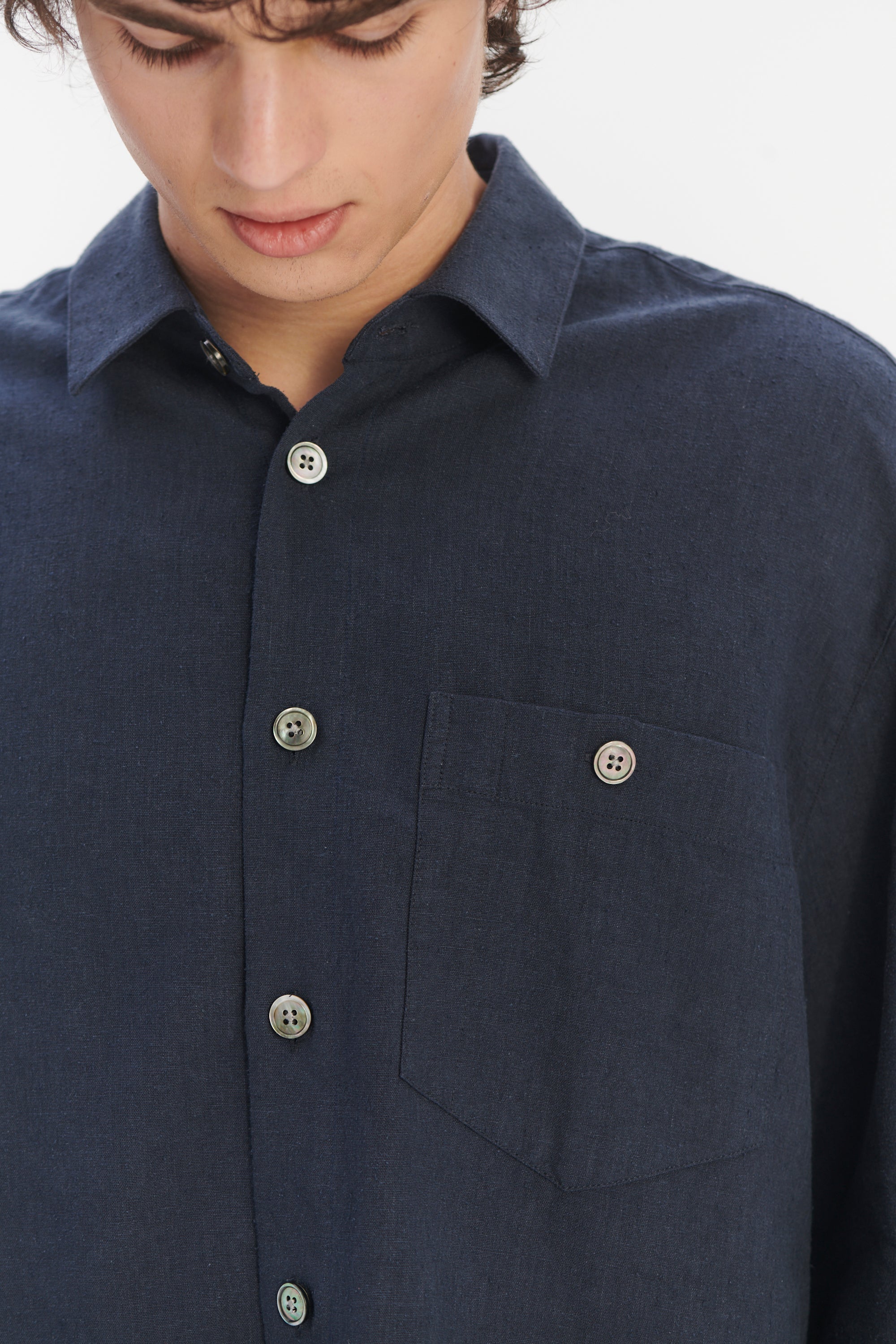 Architects Overshirt in a Navy Blue Mix of Japanese Linen and Silk
