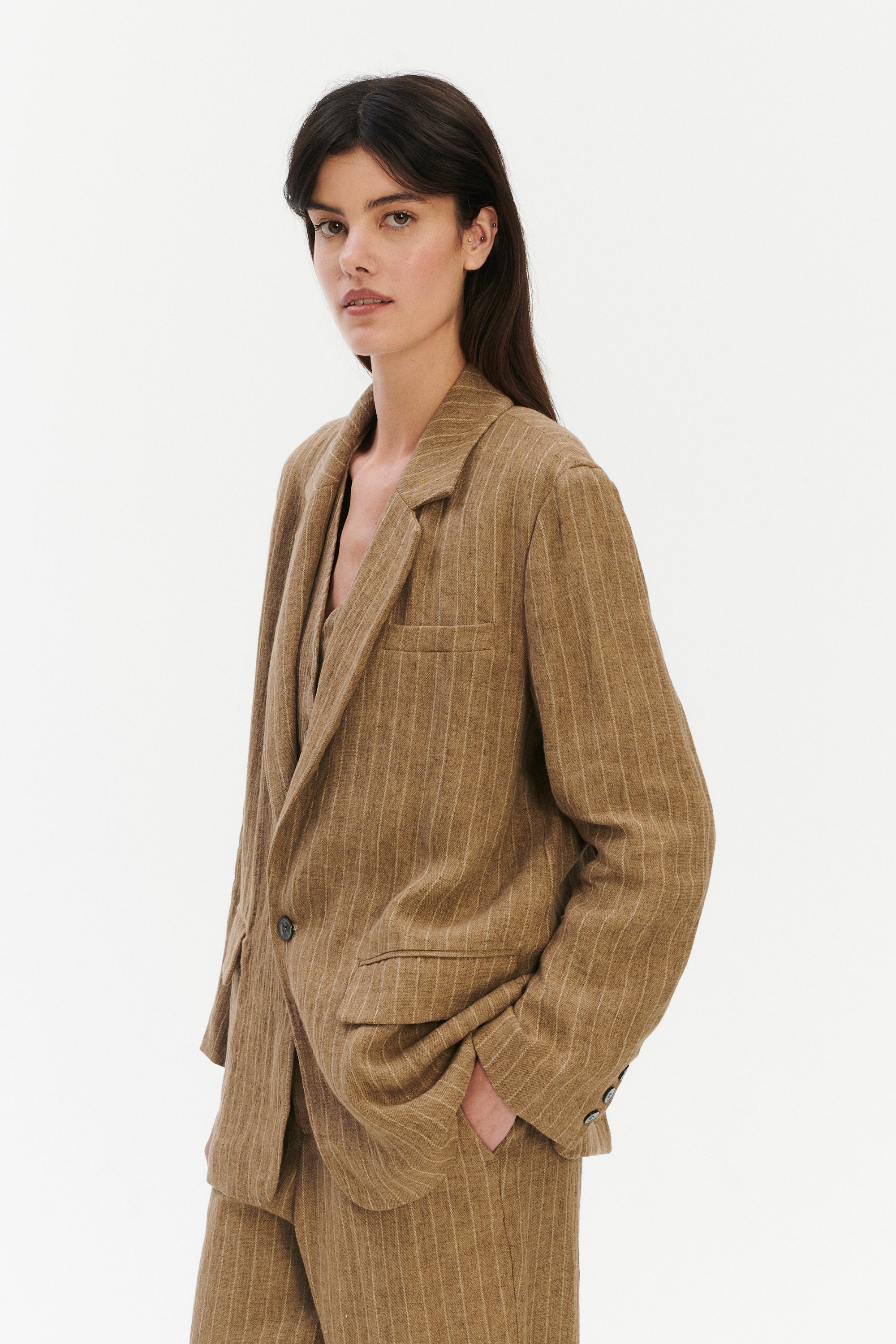 Unisex Oversized Unconstructed Layover Jacket in a Camel Fluid Italian Linen and Viscose