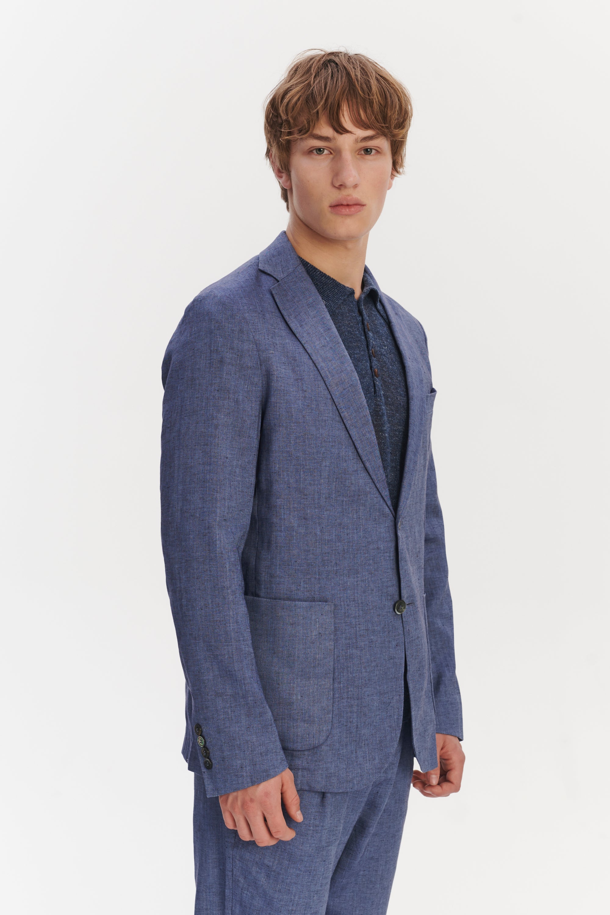 Smart Relaxed Blazer in a Natural Stretch Navy and Pilot Blue Italian Traceable Linen