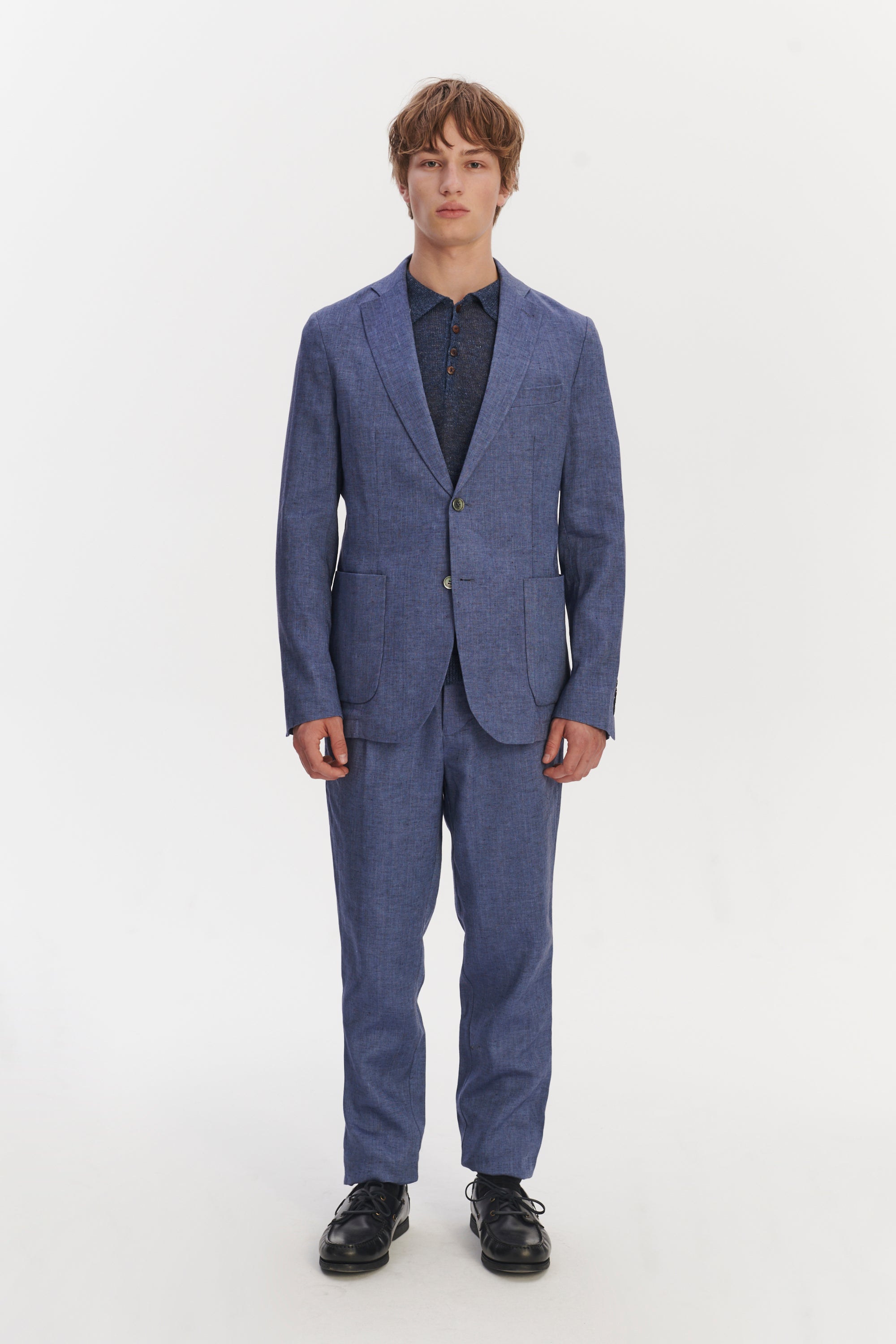 Smart Relaxed Blazer in a Natural Stretch Navy and Pilot Blue Italian Traceable Linen