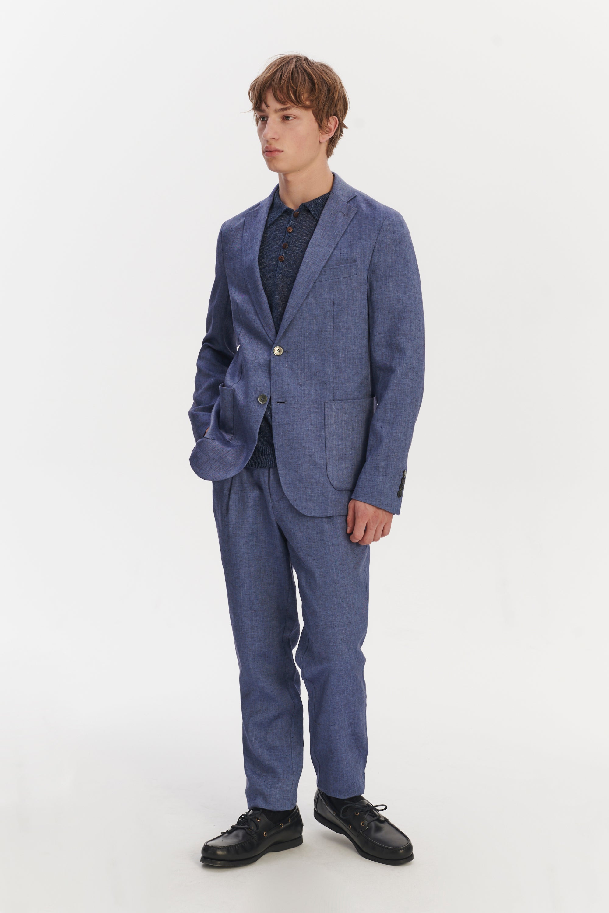 Bohemian Trousers in a Natural Stretch Navy and Pilot Blue Italian Traceable Linen