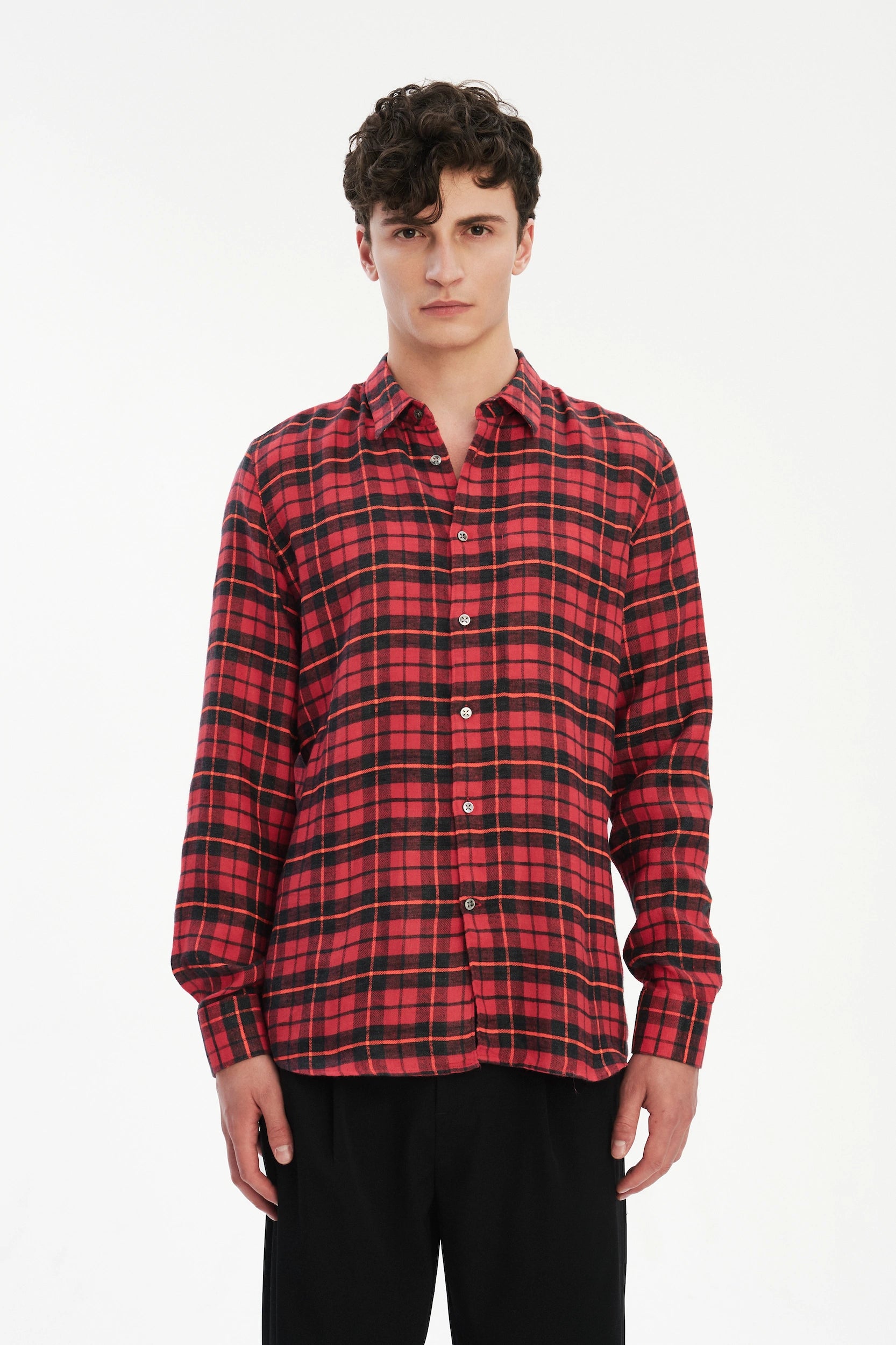 Feel Good Shirt in a Red, Orange and Black Chequered Italian Winter Linen Flannel