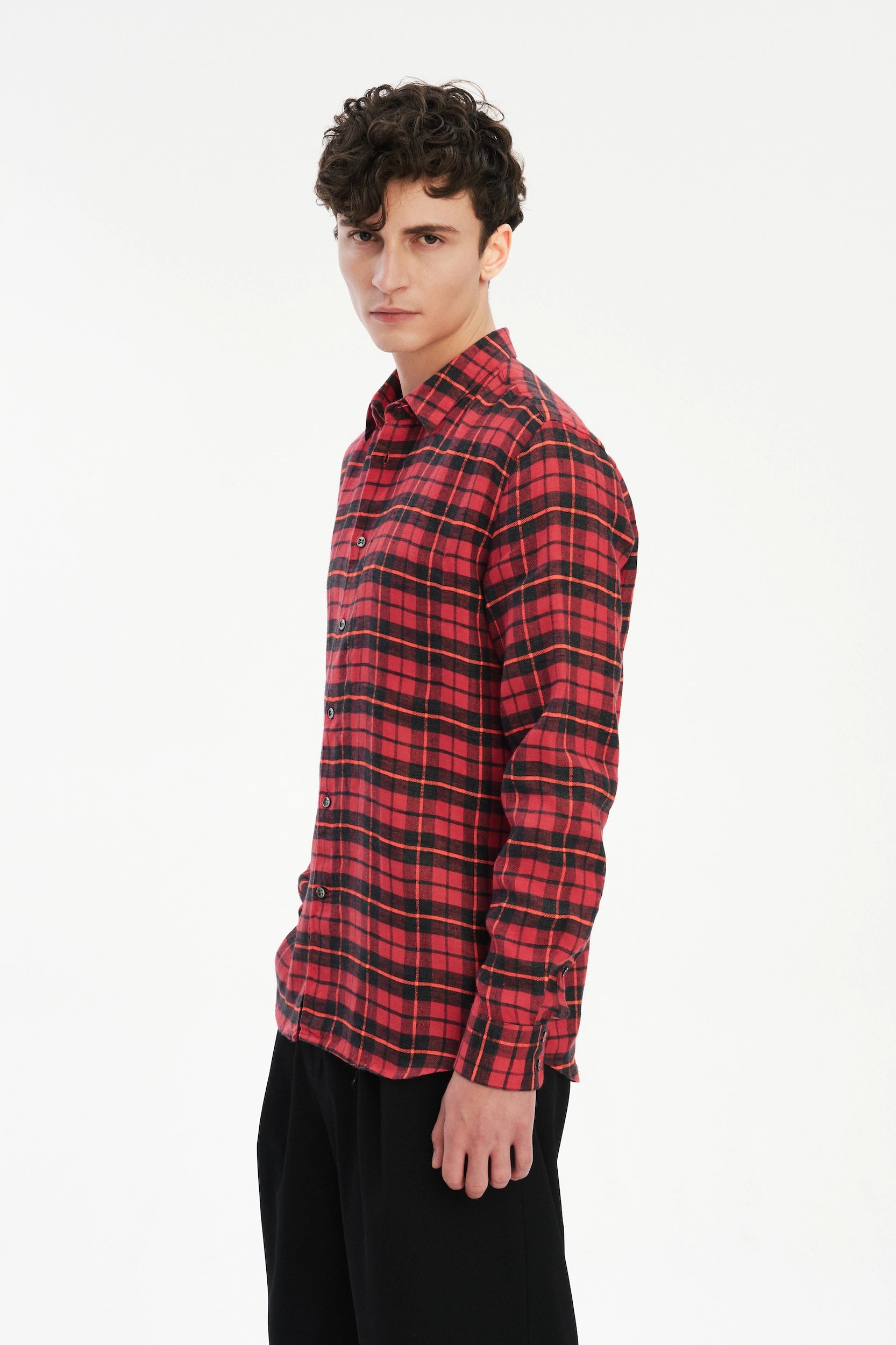 Feel Good Shirt in a Red, Orange and Black Chequered Italian Winter Linen Flannel
