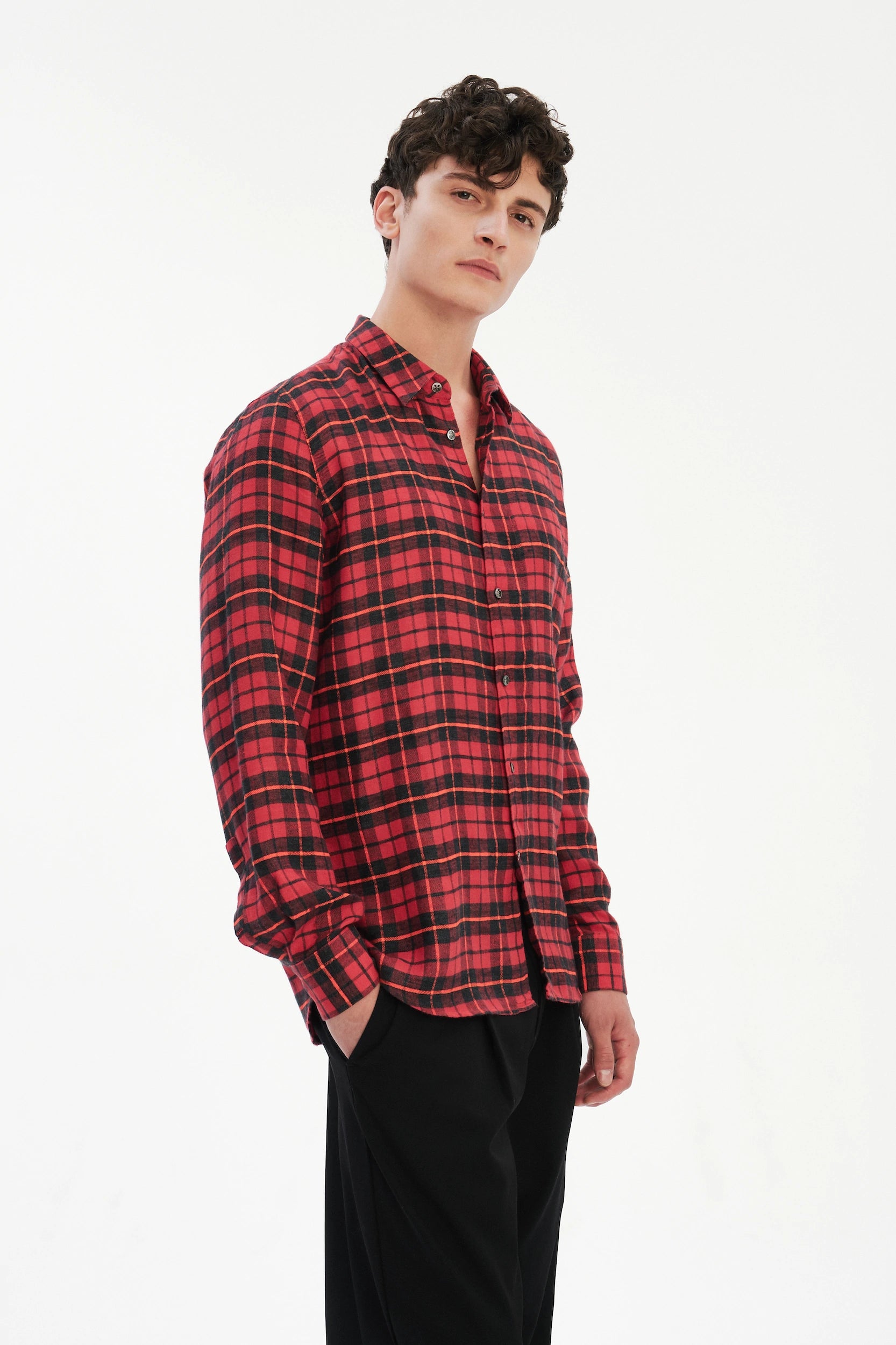 Feel Good Shirt in a Red, Orange and Black Chequered Italian Winter Linen Flannel