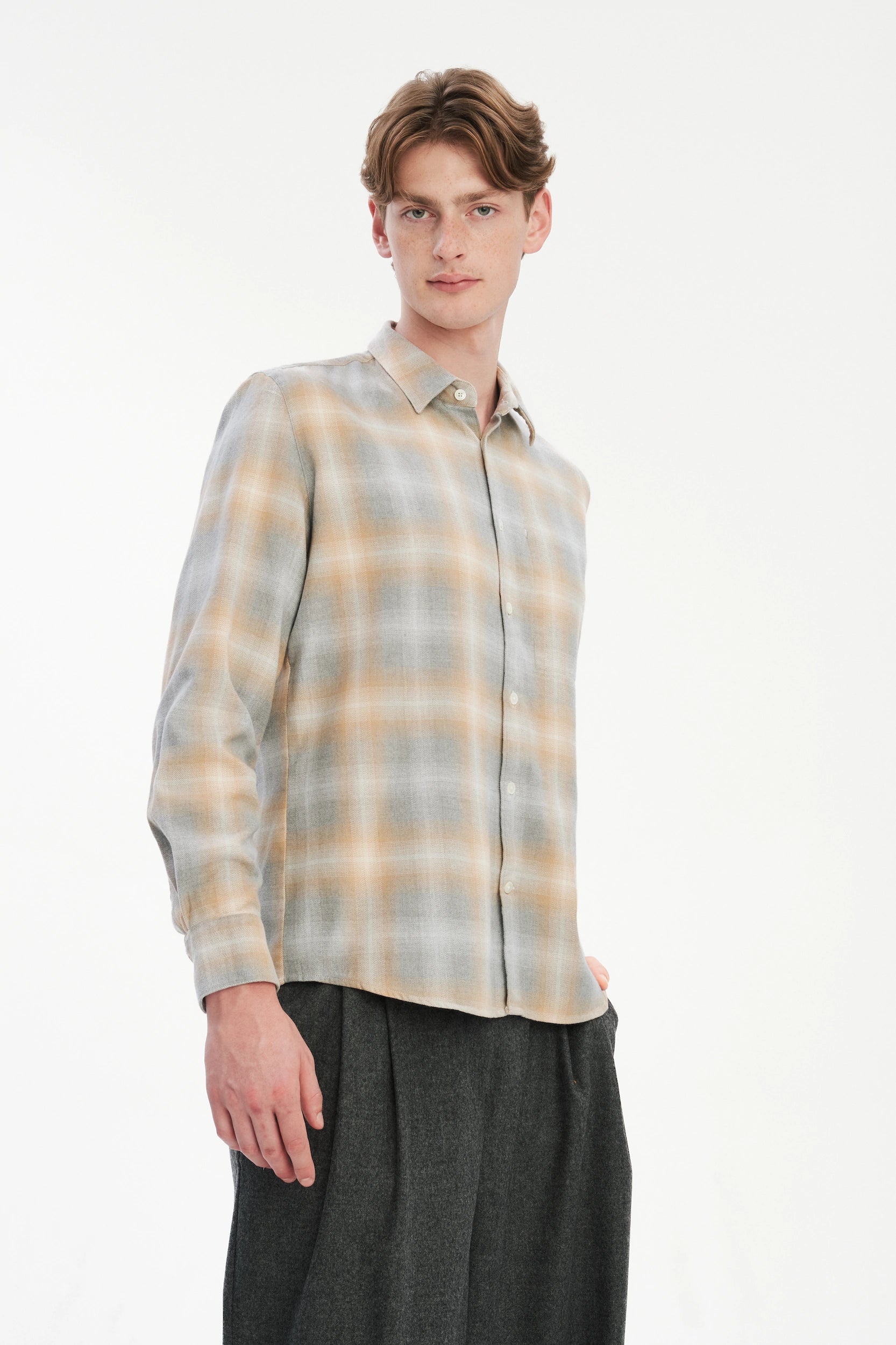 Feel Good Shirt in a Soft Tonal Beige and Grey Chequered Italian Cotton Flannel