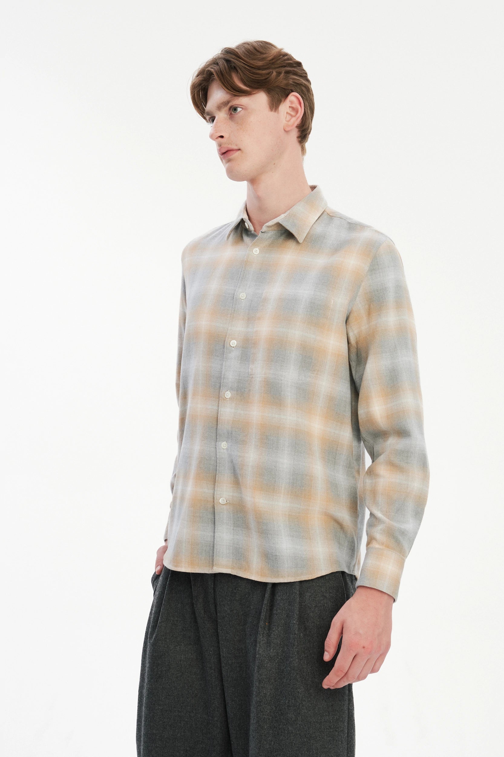 Feel Good Shirt in a Soft Tonal Beige and Grey Chequered Italian Cotton Flannel