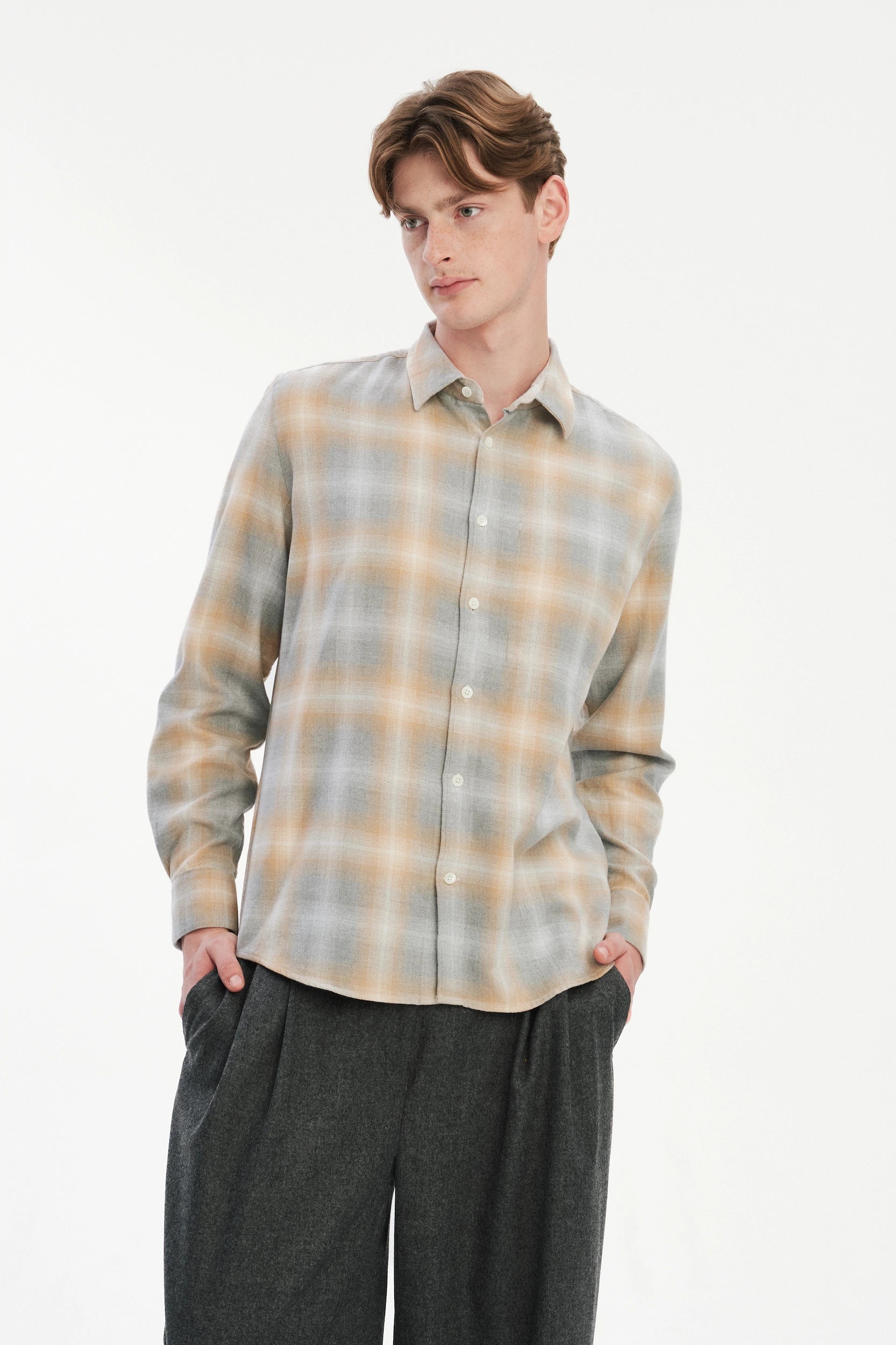 Feel Good Shirt in a Soft Tonal Beige and Grey Chequered Italian Cotton Flannel