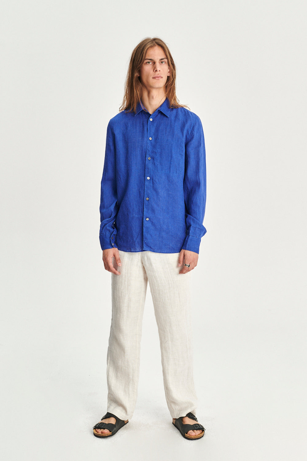 Feel Good  Shirt in a Cobalt Blue and Taupe Double Sided Italian Linen