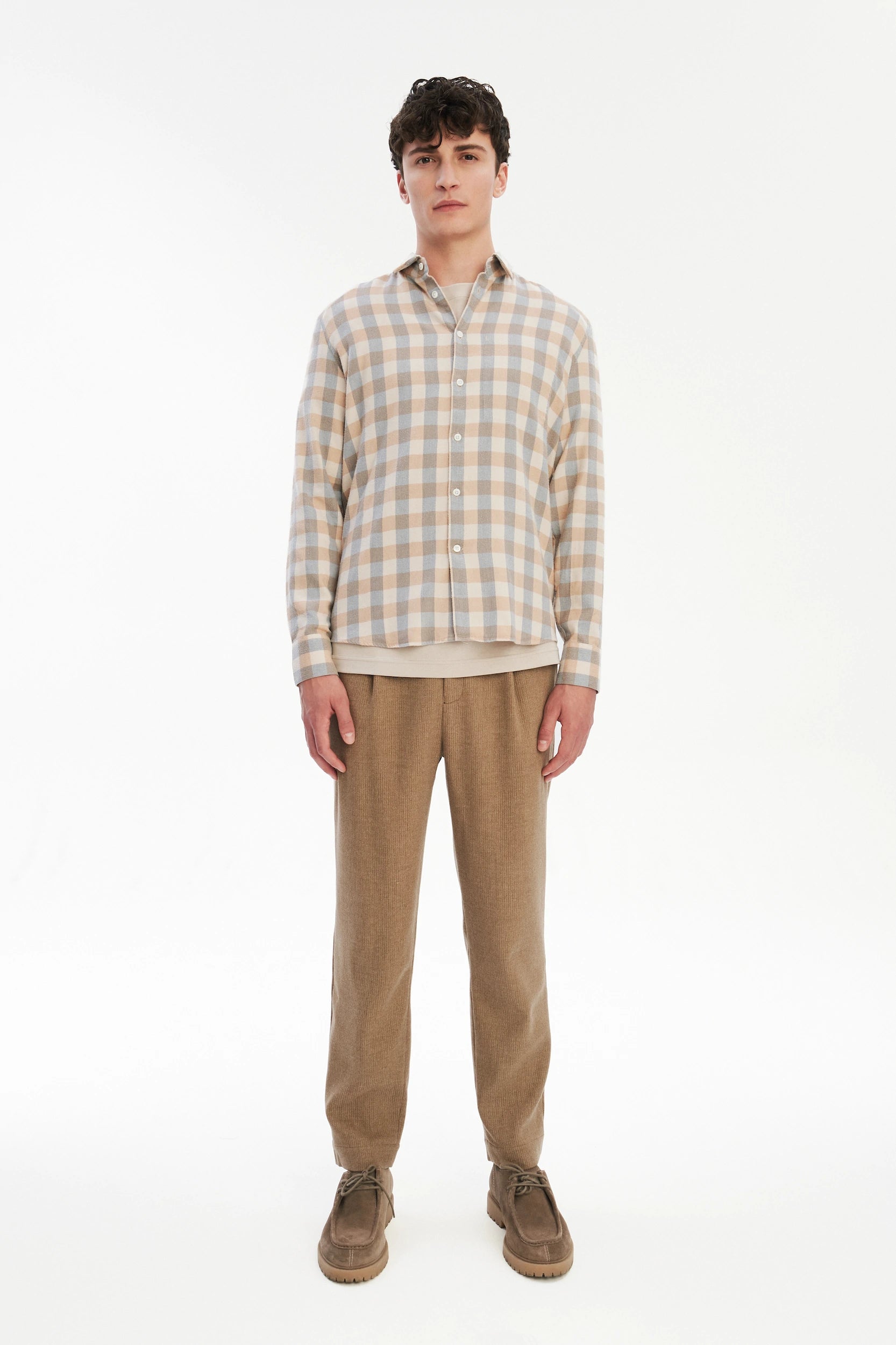 Feel Good Shirt in a Beige, Brown and Blue Grey Chequered Soft  Italian Lyocell Organic Cotton Flannel