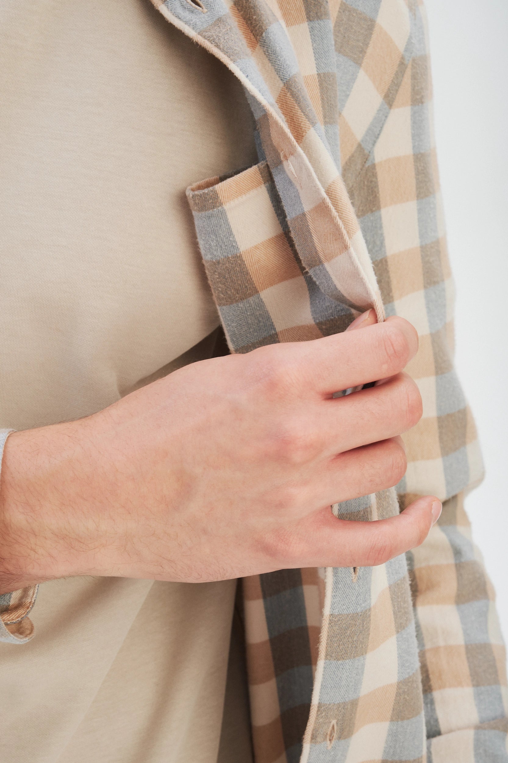 Feel Good Shirt in a Beige, Brown and Blue Grey Chequered Soft  Italian Lyocell Organic Cotton Flannel
