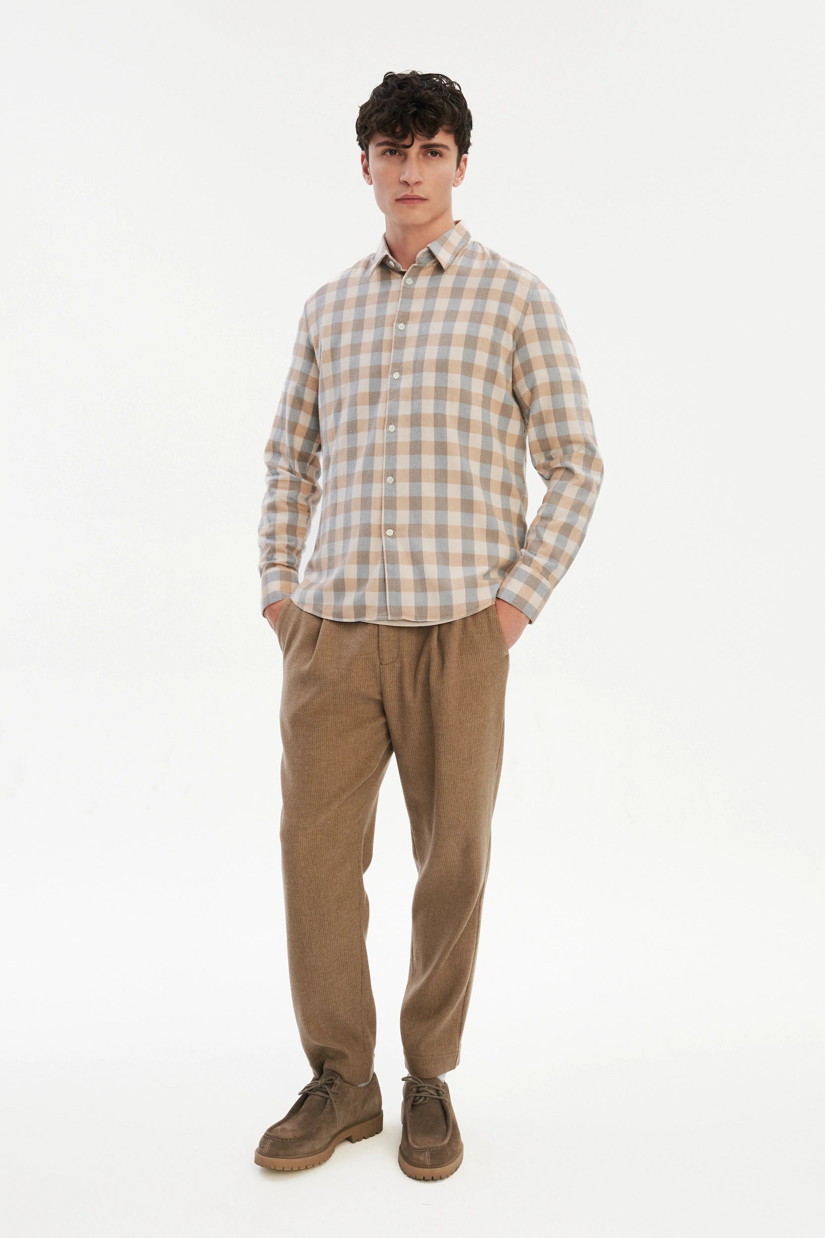 Feel Good Shirt in a Beige, Brown and Blue Grey Chequered Soft  Italian Lyocell Organic Cotton Flannel