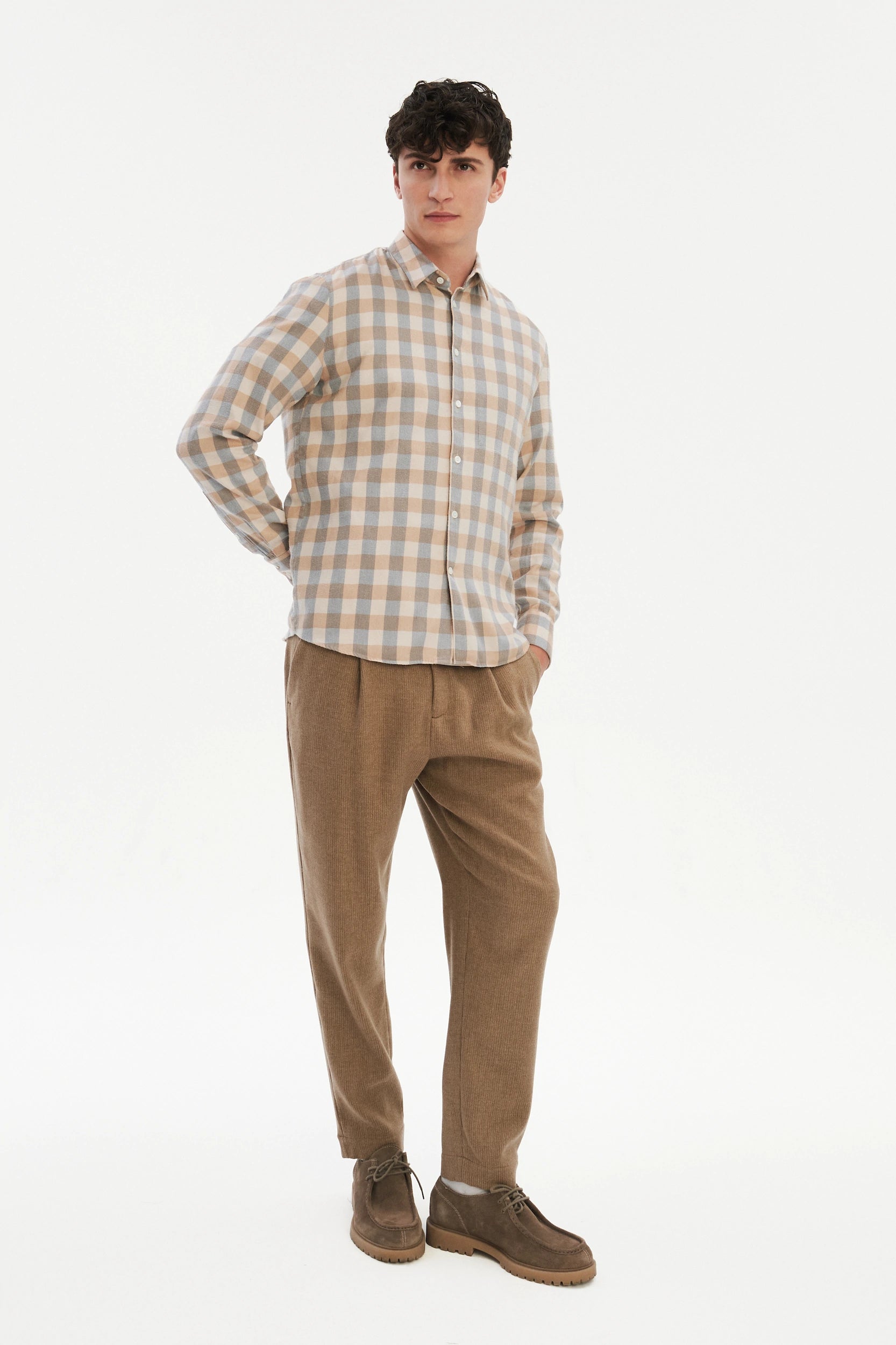 Feel Good Shirt in a Beige, Brown and Blue Grey Chequered Soft  Italian Lyocell Organic Cotton Flannel