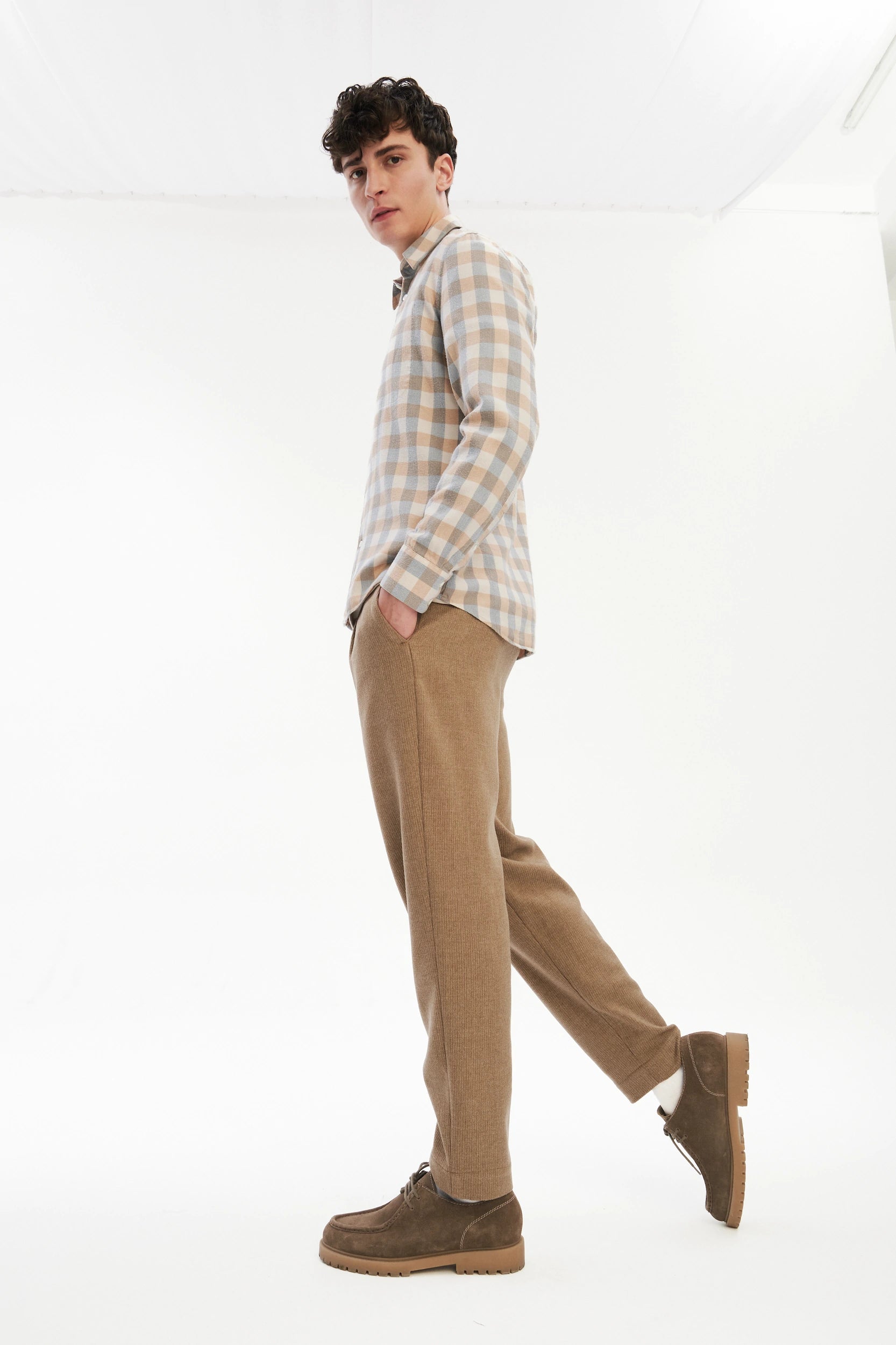 Feel Good Shirt in a Beige, Brown and Blue Grey Chequered Soft  Italian Lyocell Organic Cotton Flannel