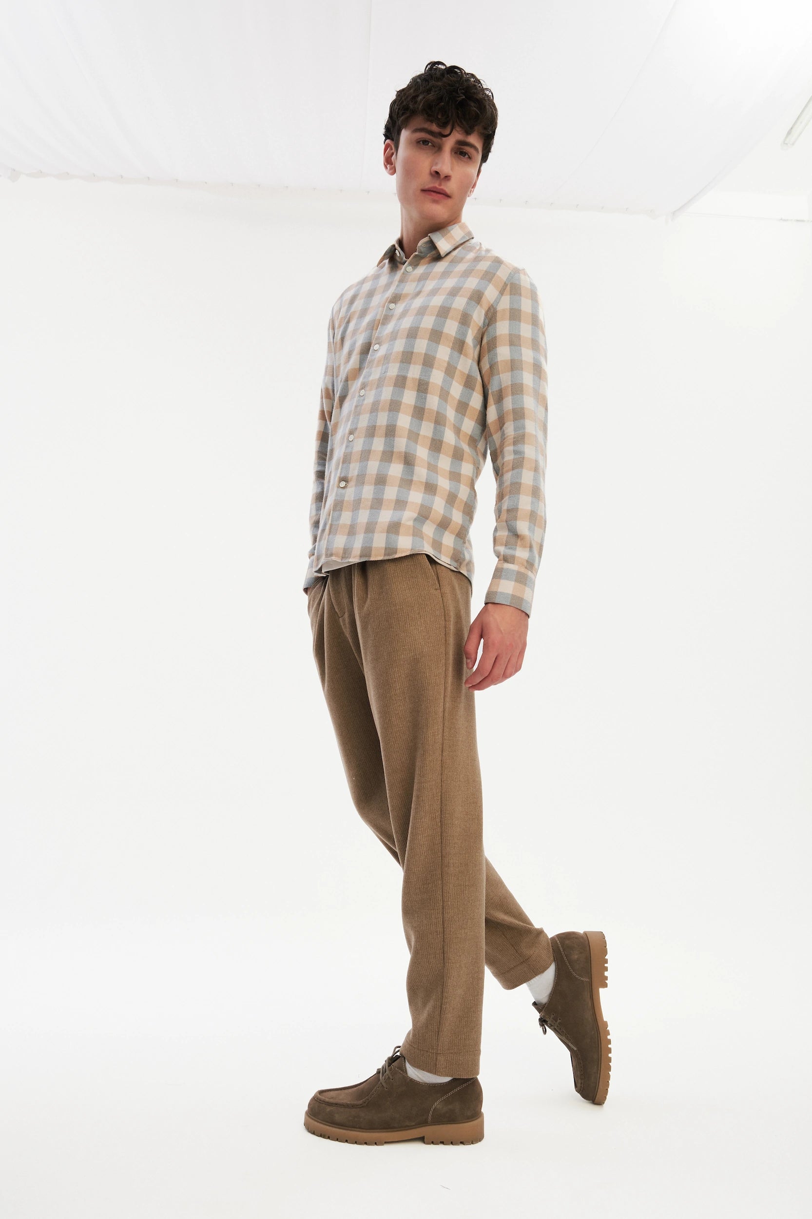 Feel Good Shirt in a Beige, Brown and Blue Grey Chequered Soft  Italian Lyocell Organic Cotton Flannel