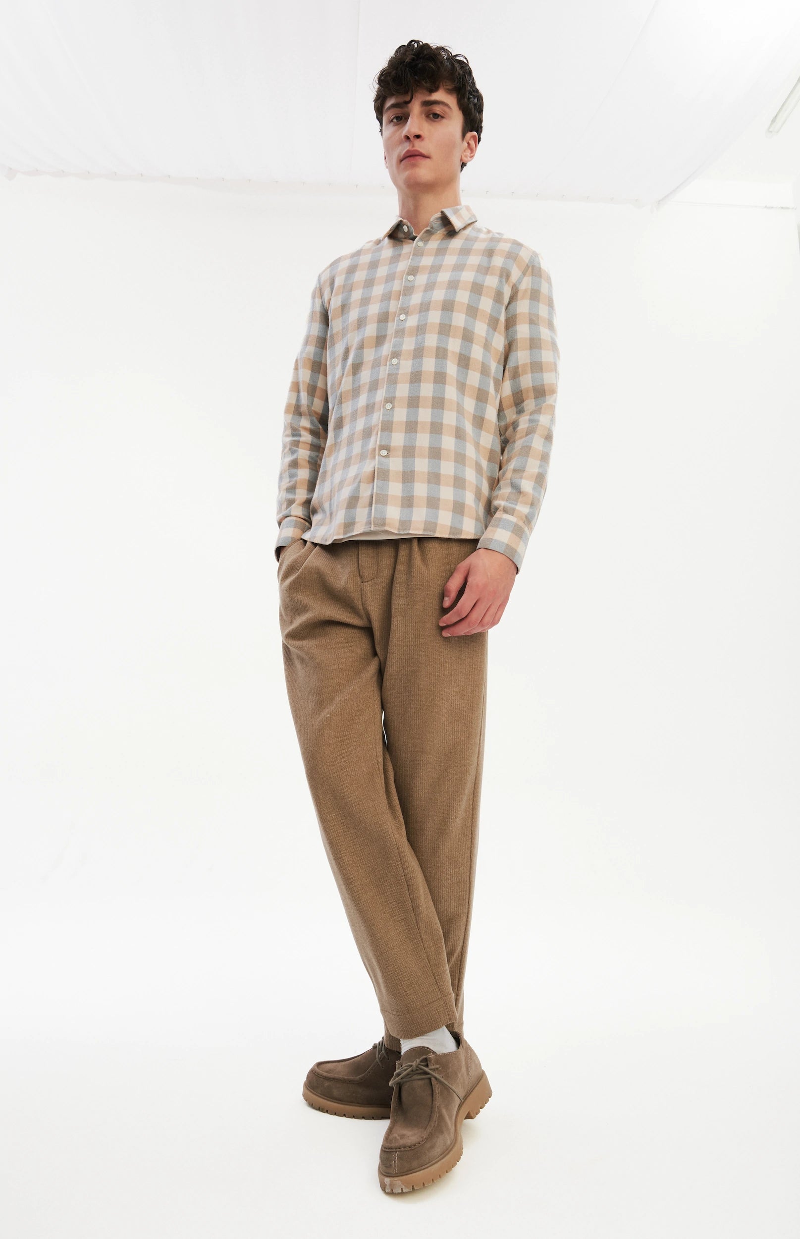 Feel Good Shirt in a Beige, Brown and Blue Grey Chequered Soft  Italian Lyocell Organic Cotton Flannel