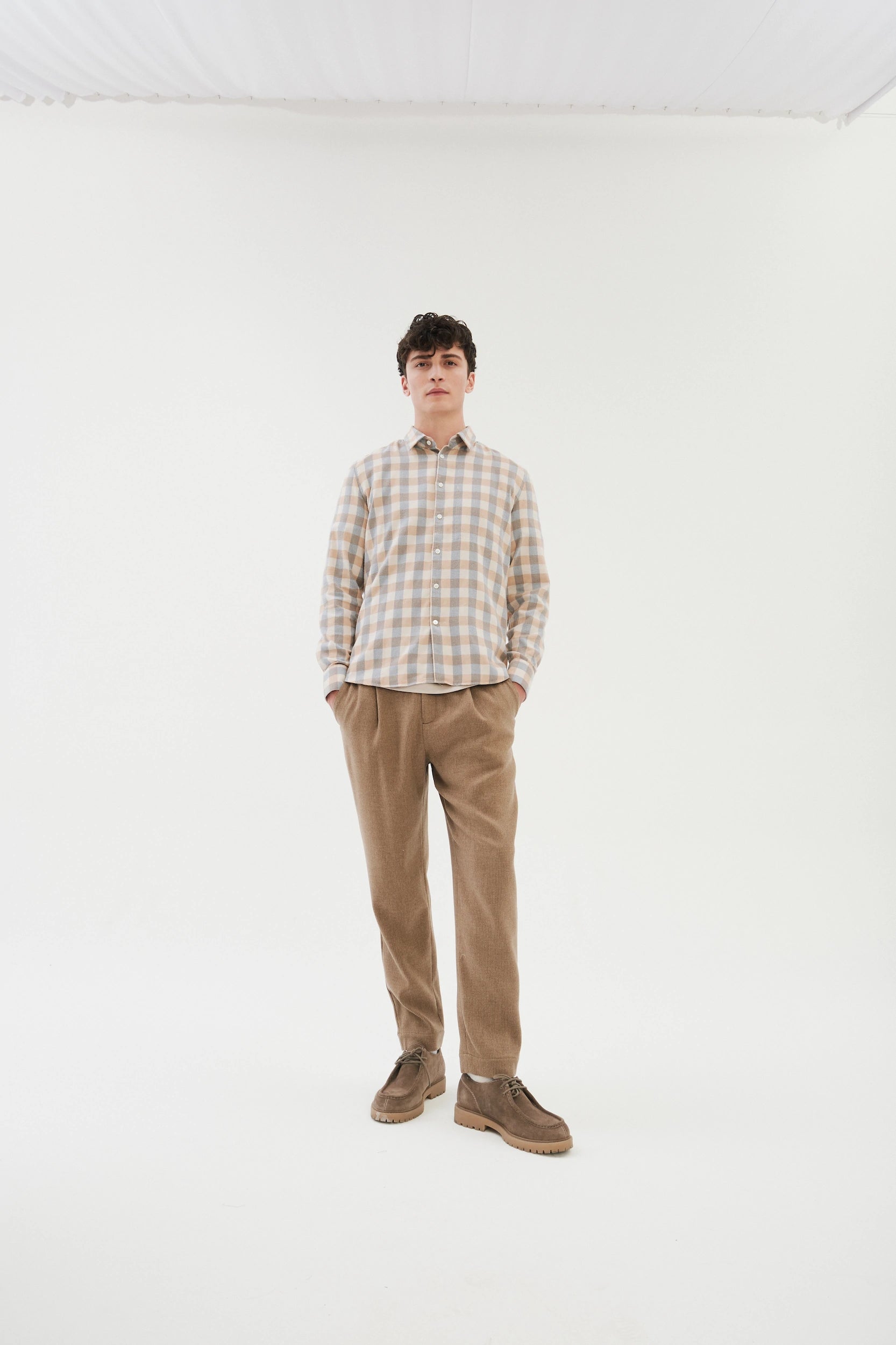 Feel Good Shirt in a Beige, Brown and Blue Grey Chequered Soft  Italian Lyocell Organic Cotton Flannel