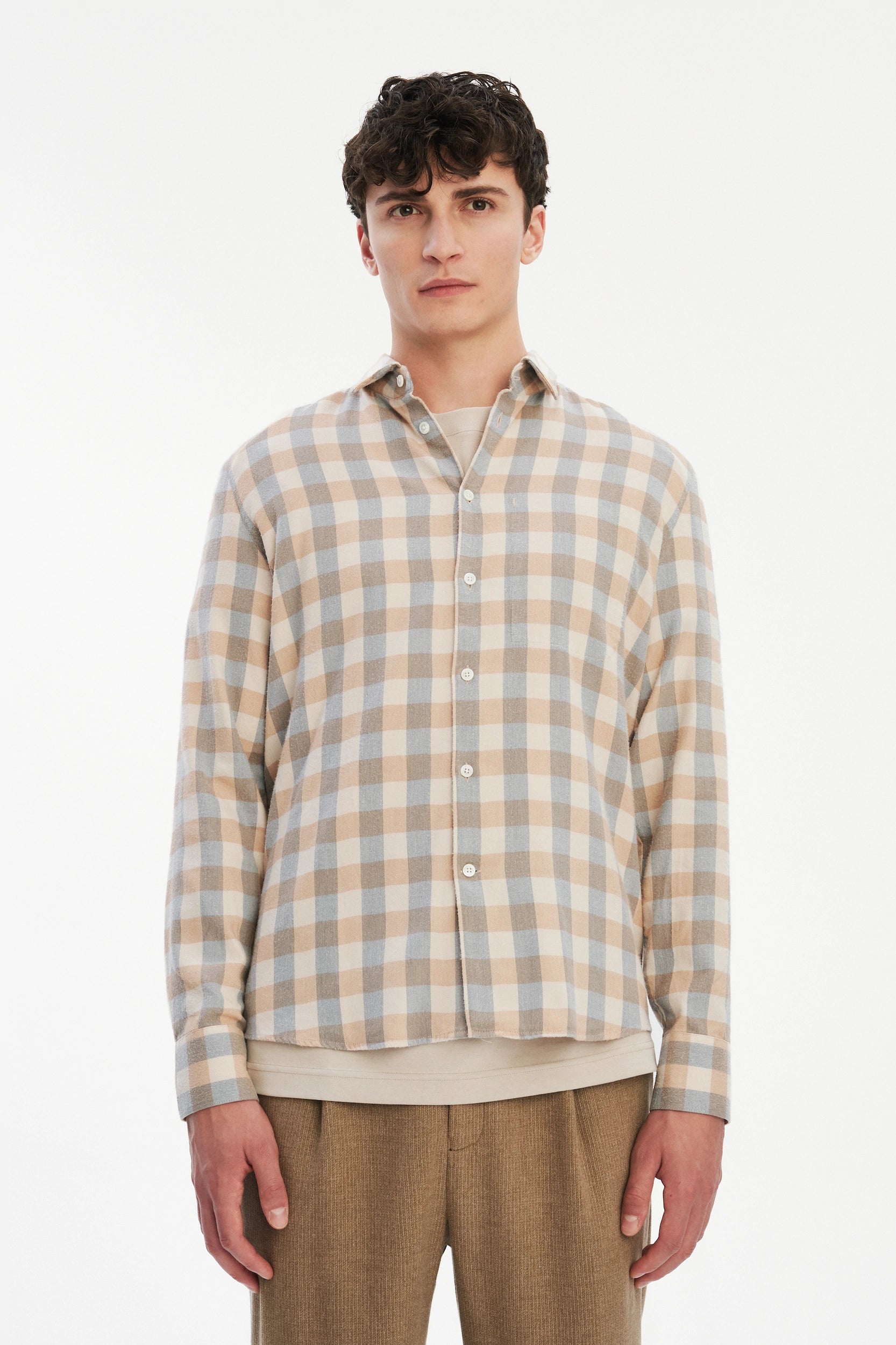 Feel Good Shirt in a Beige, Brown and Blue Grey Chequered Soft  Italian Lyocell Organic Cotton Flannel