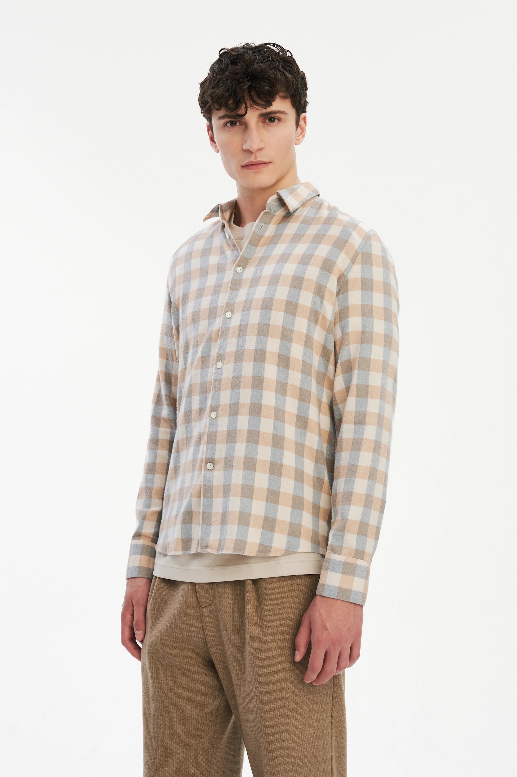 Feel Good Shirt in a Beige, Brown and Blue Grey Chequered Soft  Italian Lyocell Organic Cotton Flannel