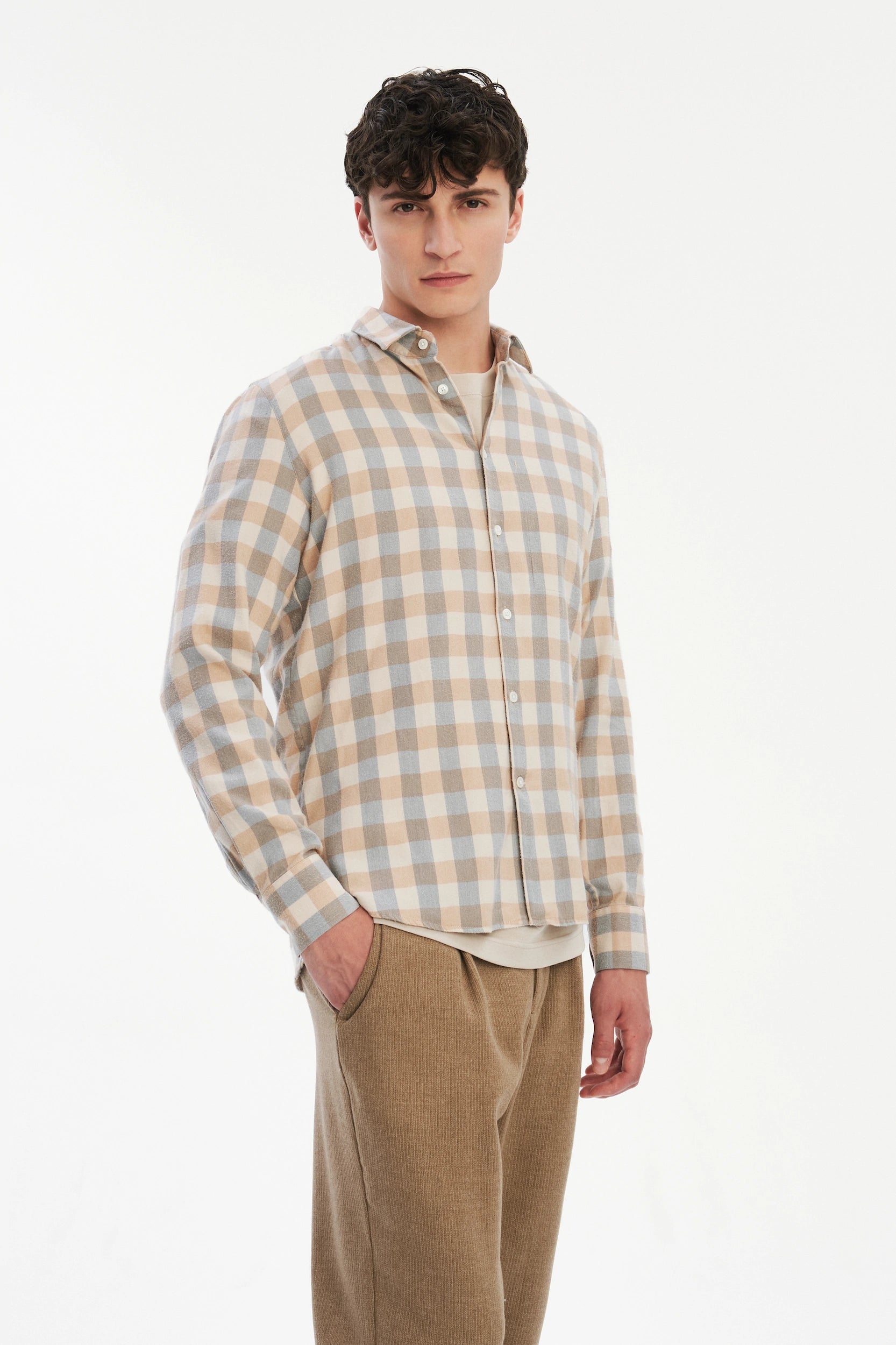 Feel Good Shirt in a Beige, Brown and Blue Grey Chequered Soft  Italian Lyocell Organic Cotton Flannel