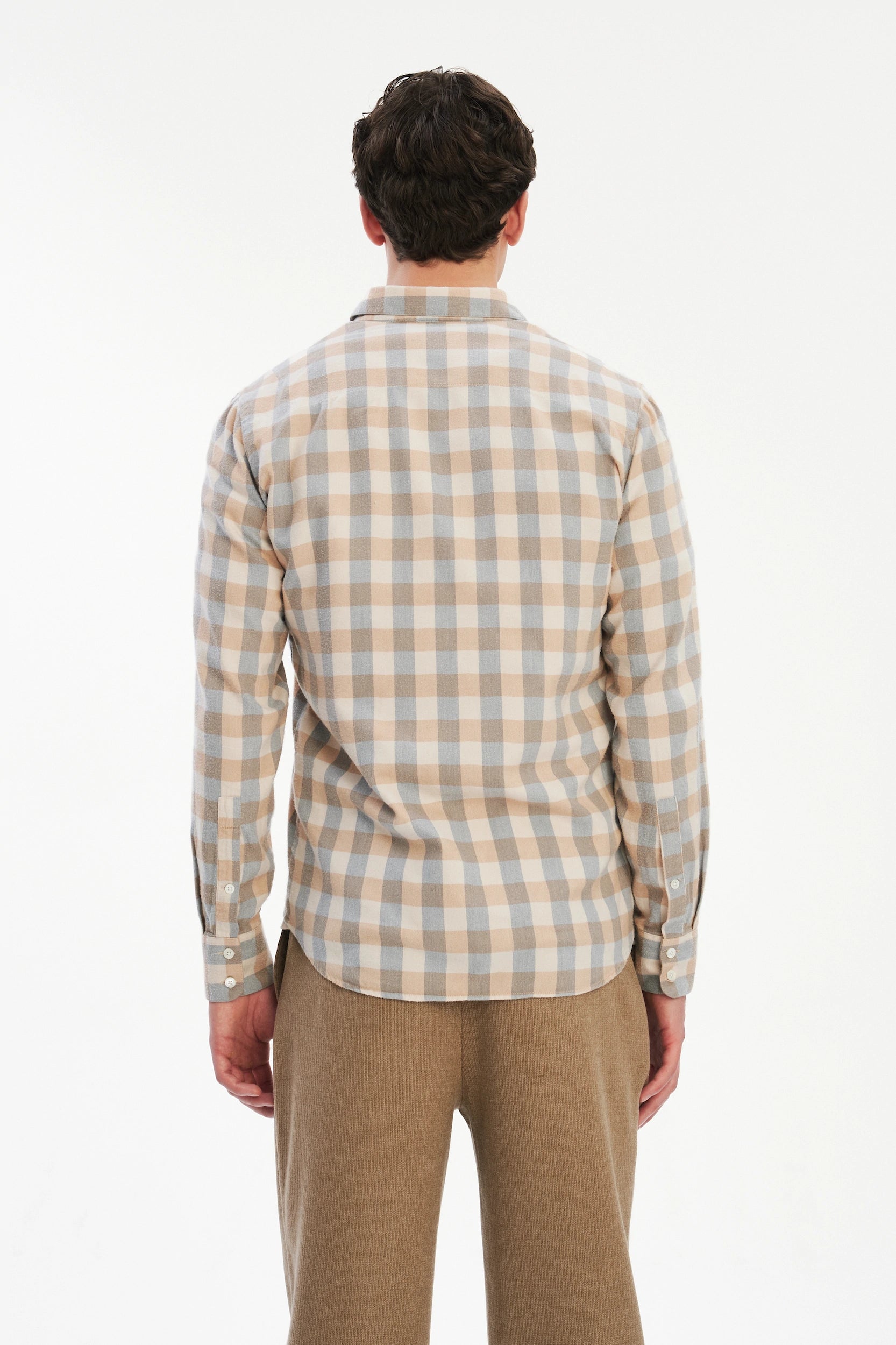 Feel Good Shirt in a Beige, Brown and Blue Grey Chequered Soft  Italian Lyocell Organic Cotton Flannel