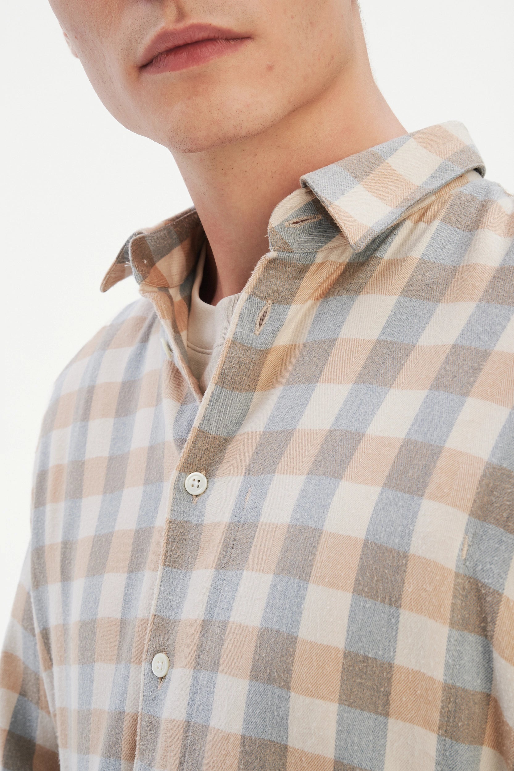 Feel Good Shirt in a Beige, Brown and Blue Grey Chequered Soft  Italian Lyocell Organic Cotton Flannel
