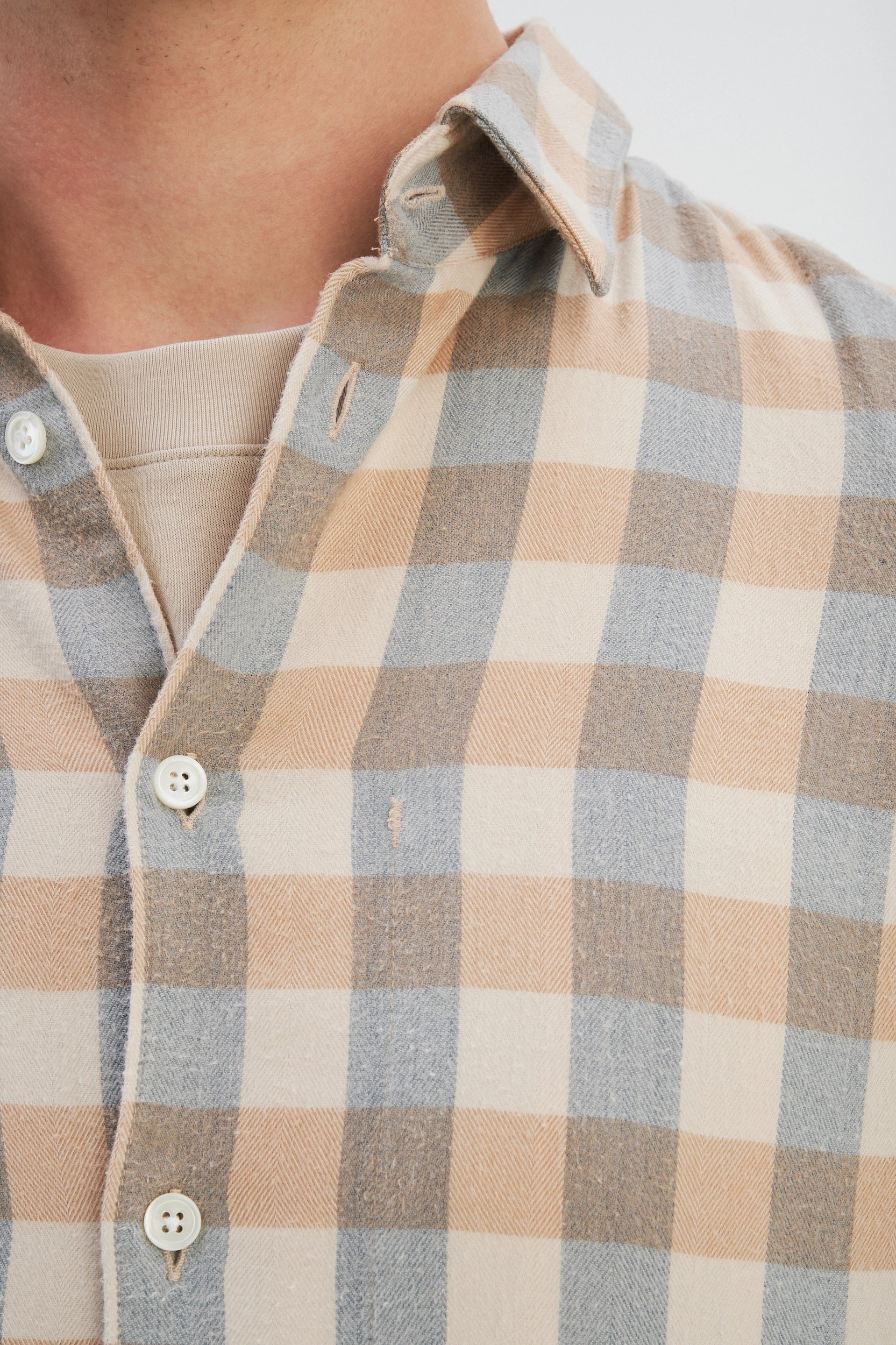 Feel Good Shirt in a Beige, Brown and Blue Grey Chequered Soft  Italian Lyocell Organic Cotton Flannel