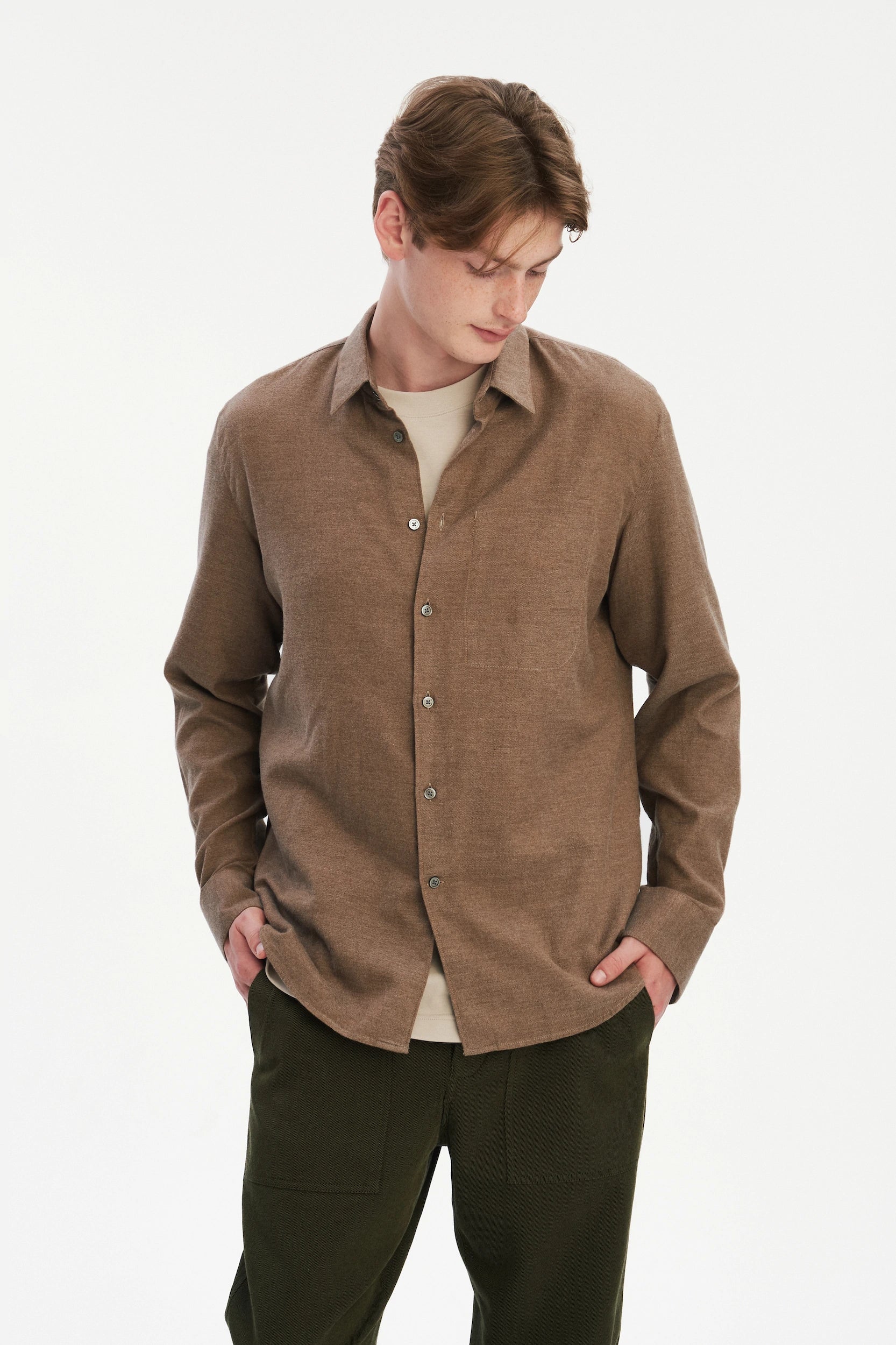 Feel Good Shirt in the Finest Taupe Brown Melange Italian Cotton Flannel
