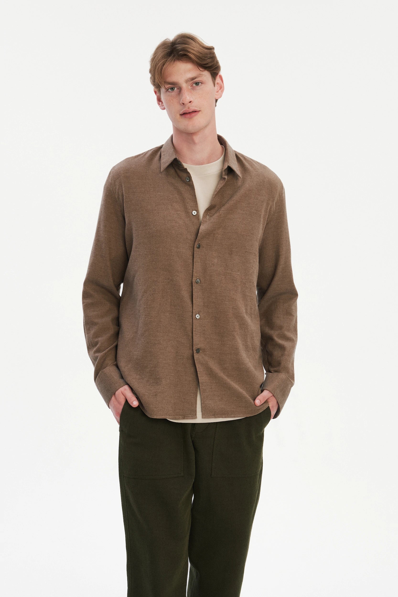 Feel Good Shirt in the Finest Taupe Brown Melange Italian Cotton Flannel