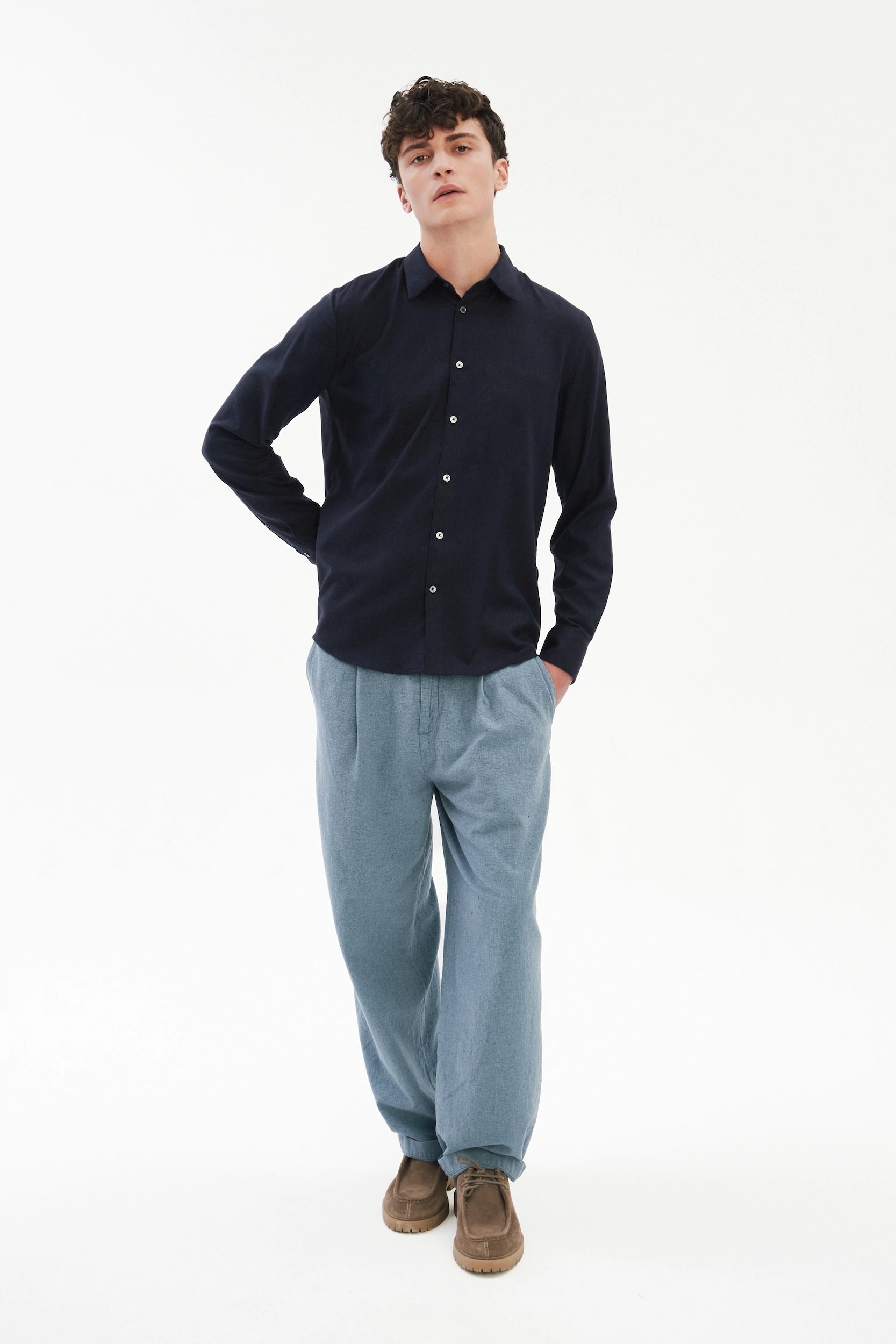 Feel Good Shirt in Navy Silky Italian Lyocell and Organic Cotton Flannel