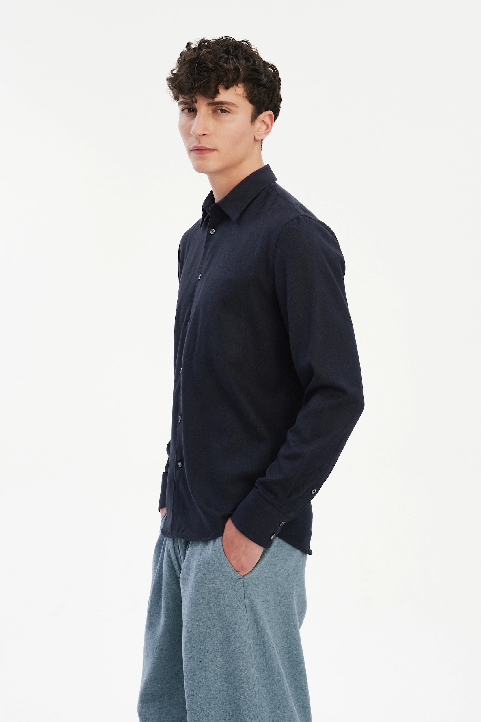 Feel Good Shirt in Navy Silky Italian Lyocell and Organic Cotton Flannel