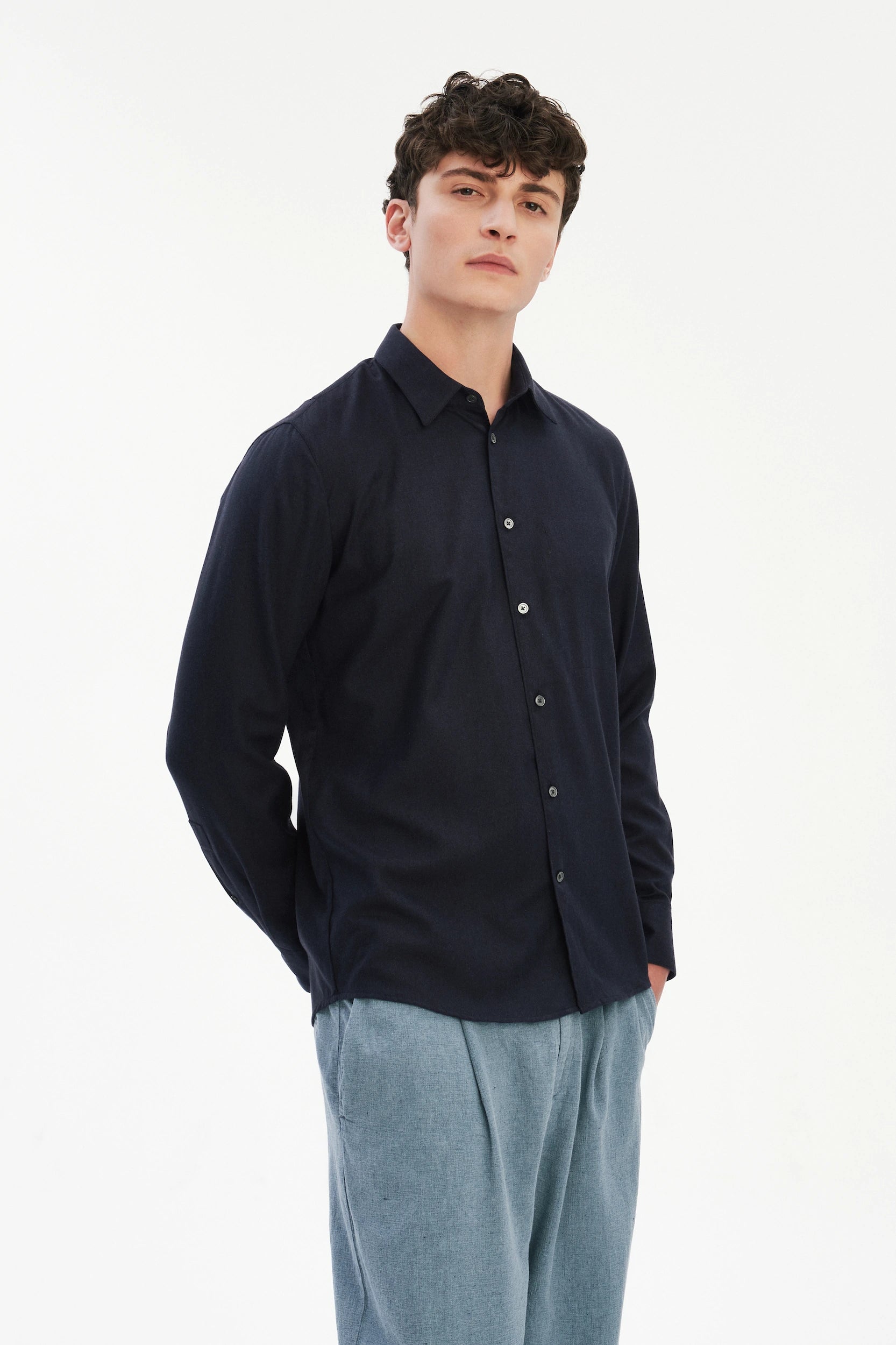 Feel Good Shirt in Navy Silky Italian Lyocell and Organic Cotton Flannel