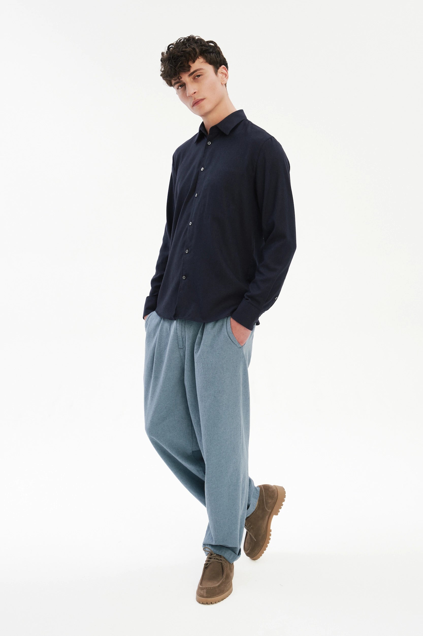 Feel Good Shirt in Navy Silky Italian Lyocell and Organic Cotton Flannel