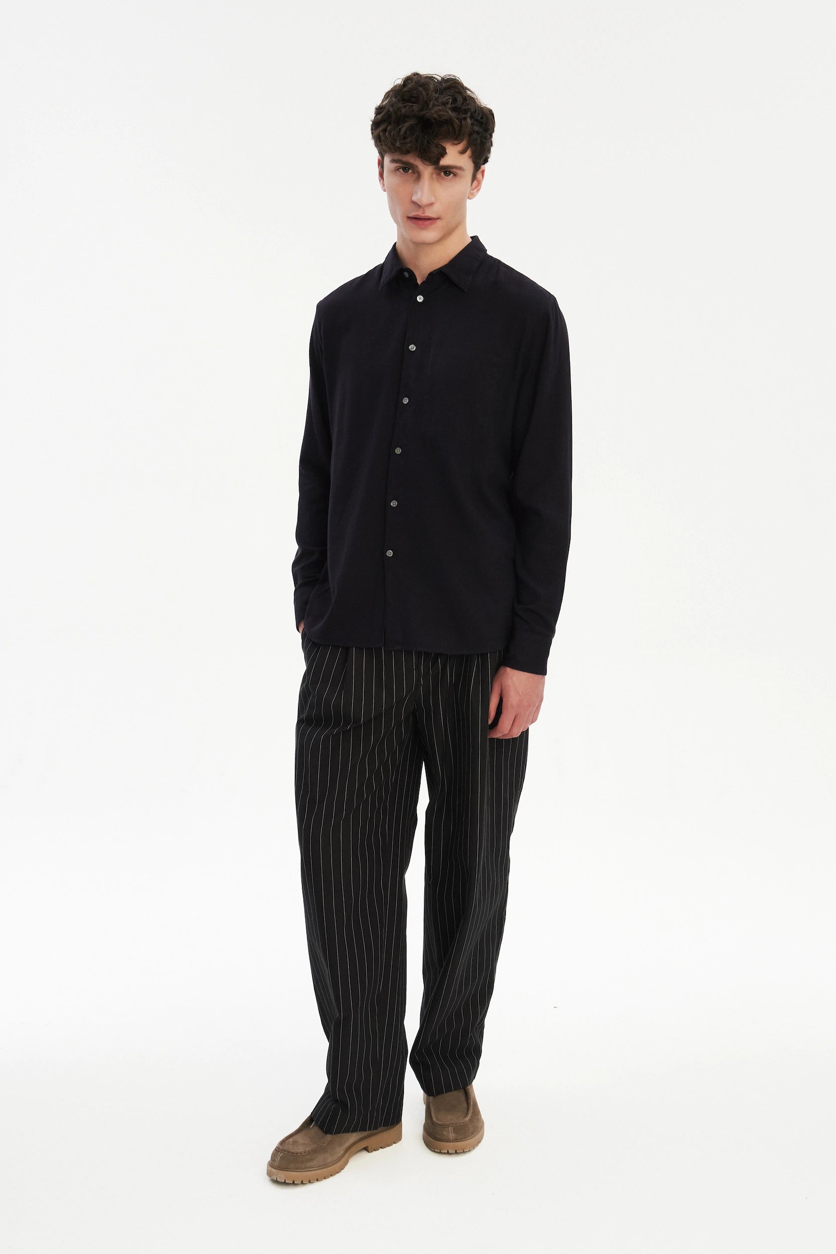 Feel Good Shirt in Dark Navy Silky Italian Lyocell and Organic Cotton Flannel