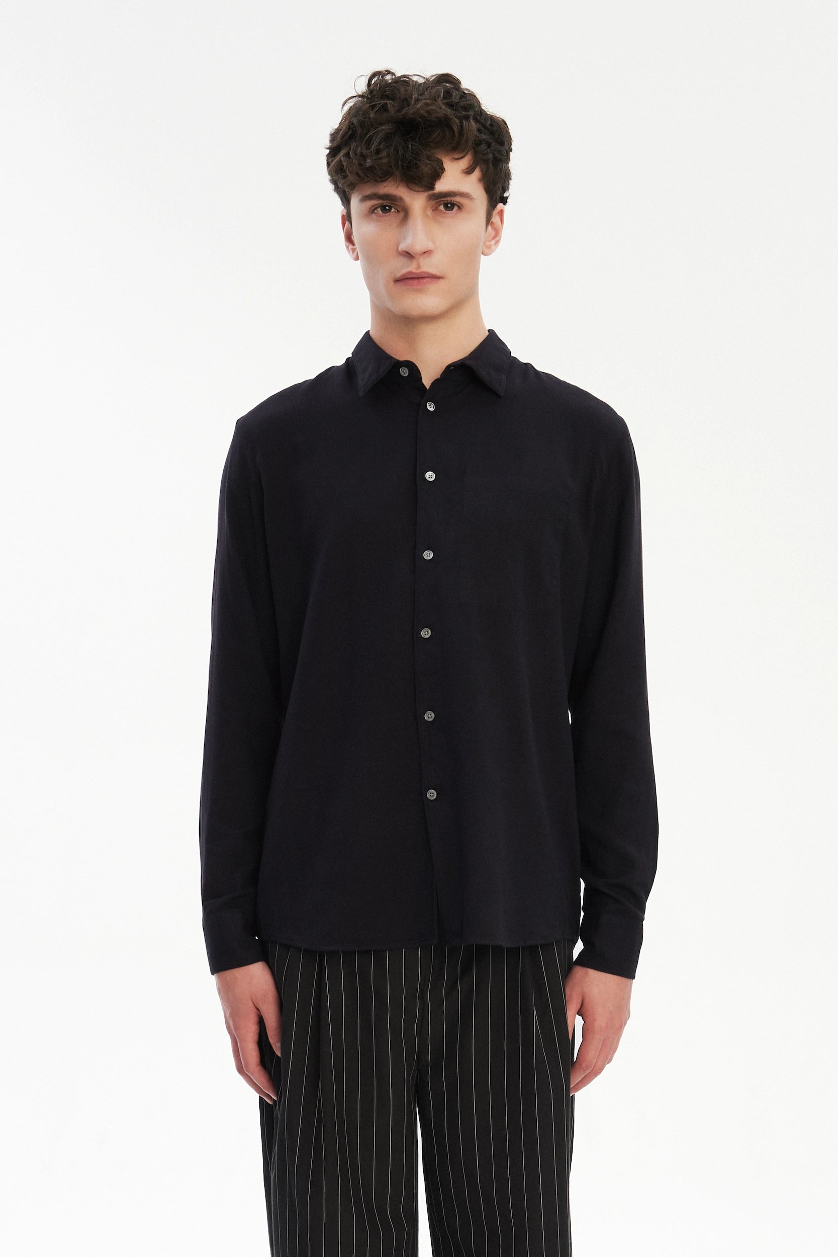 Feel Good Shirt in Dark Navy Silky Italian Lyocell and Organic Cotton Flannel