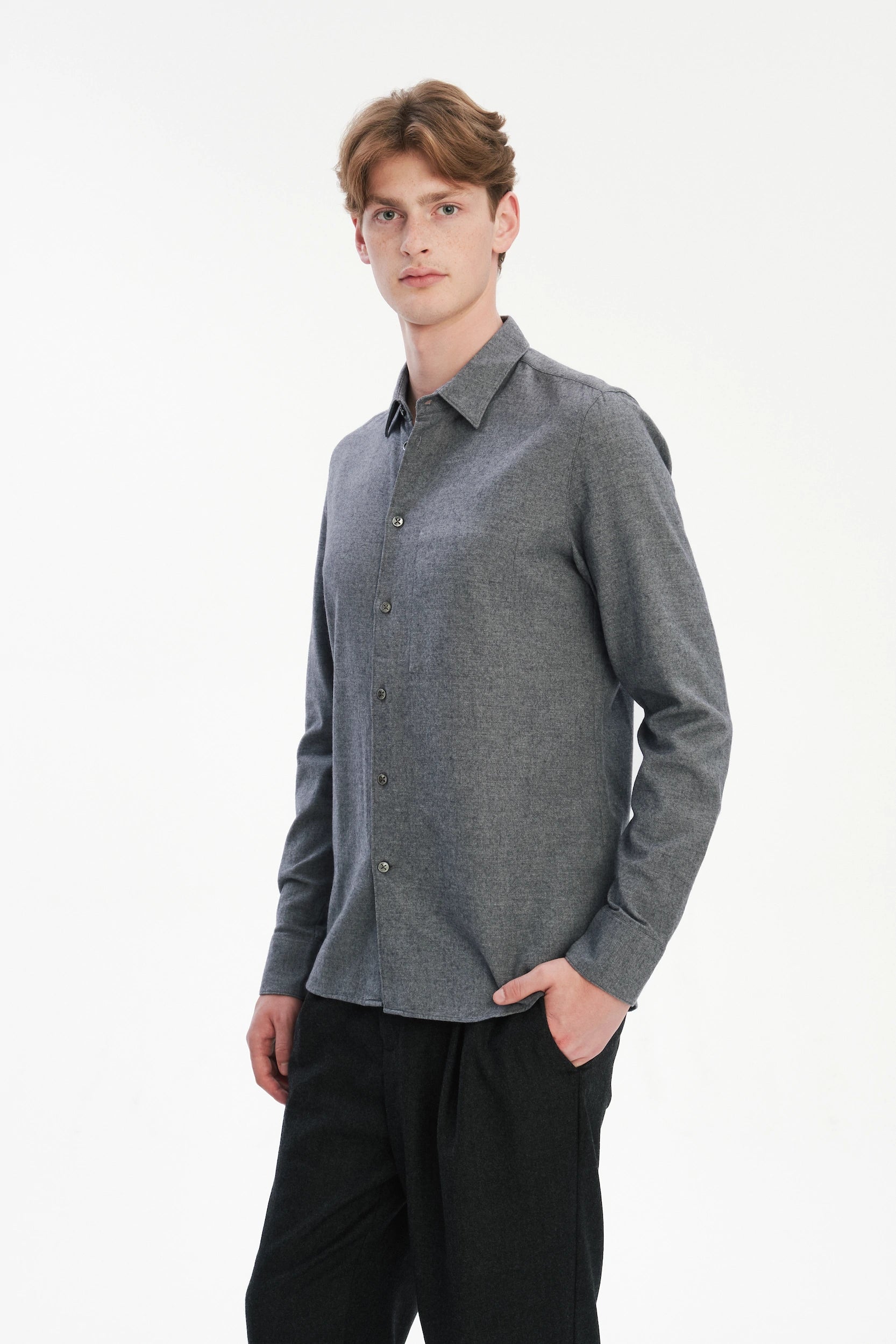 Feel Good Shirt in a Fine Melange Soft Grey Italian Cotton and Virgin Wool