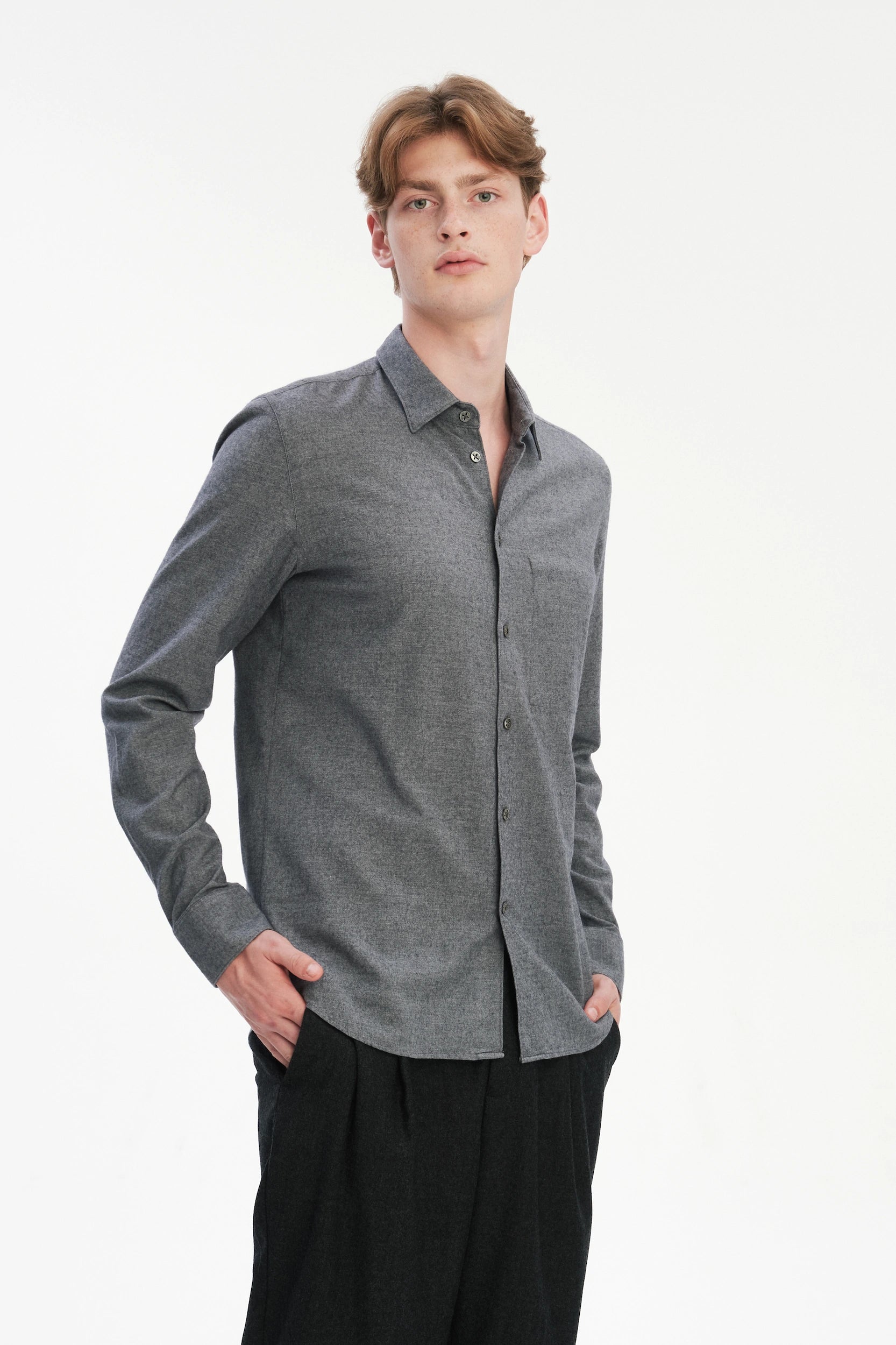 Feel Good Shirt in a Fine Melange Soft Grey Italian Cotton and Virgin Wool