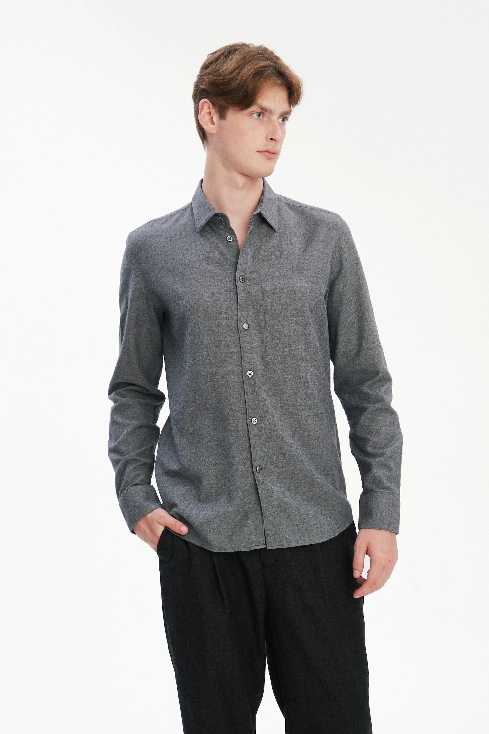 Feel Good Shirt in a Fine Melange Soft Grey Italian Cotton and Virgin Wool