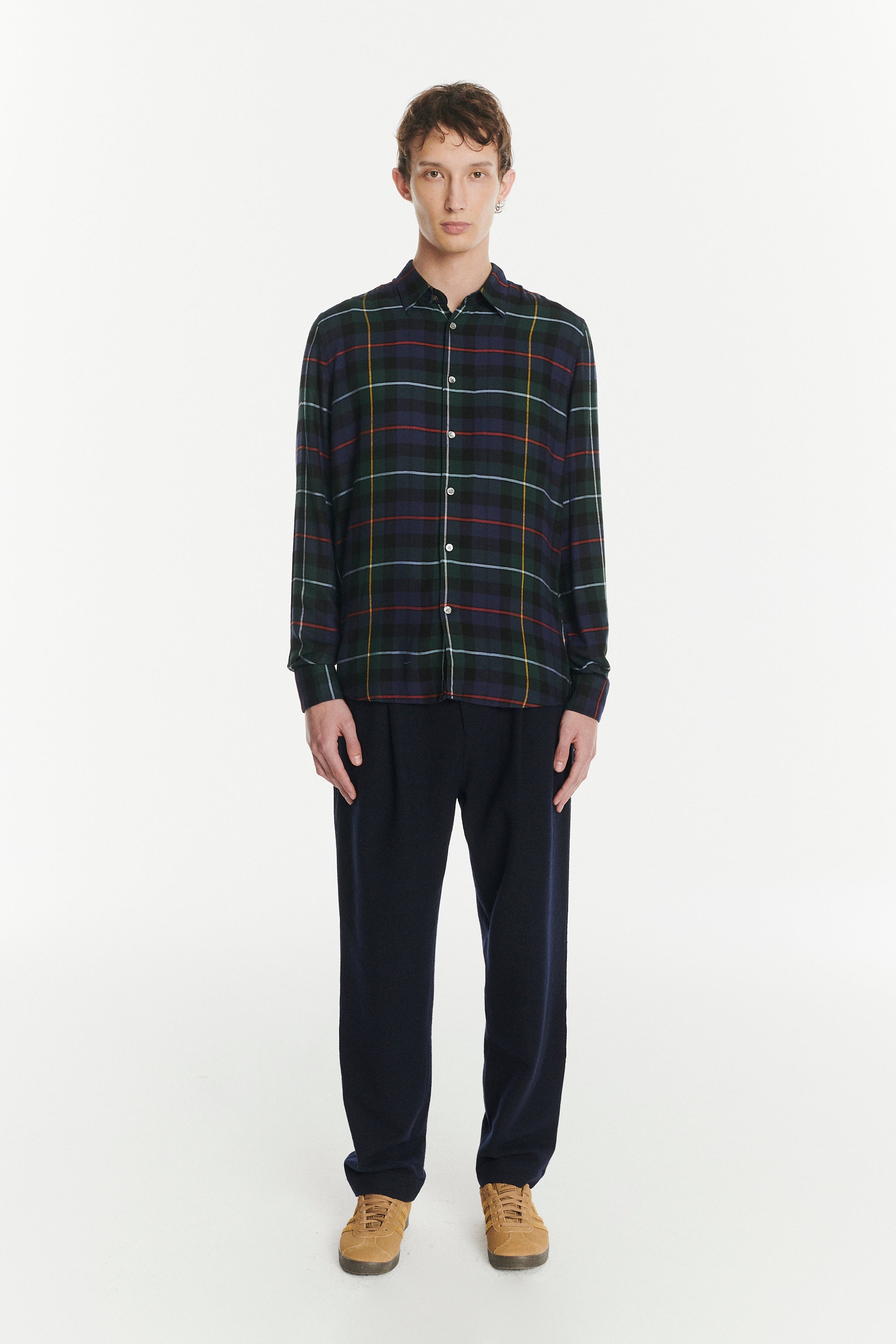 Feel Good Shirt in the Finest Dark Blue, Green, Red and Yellow  Chequered Fluid Italian Modal