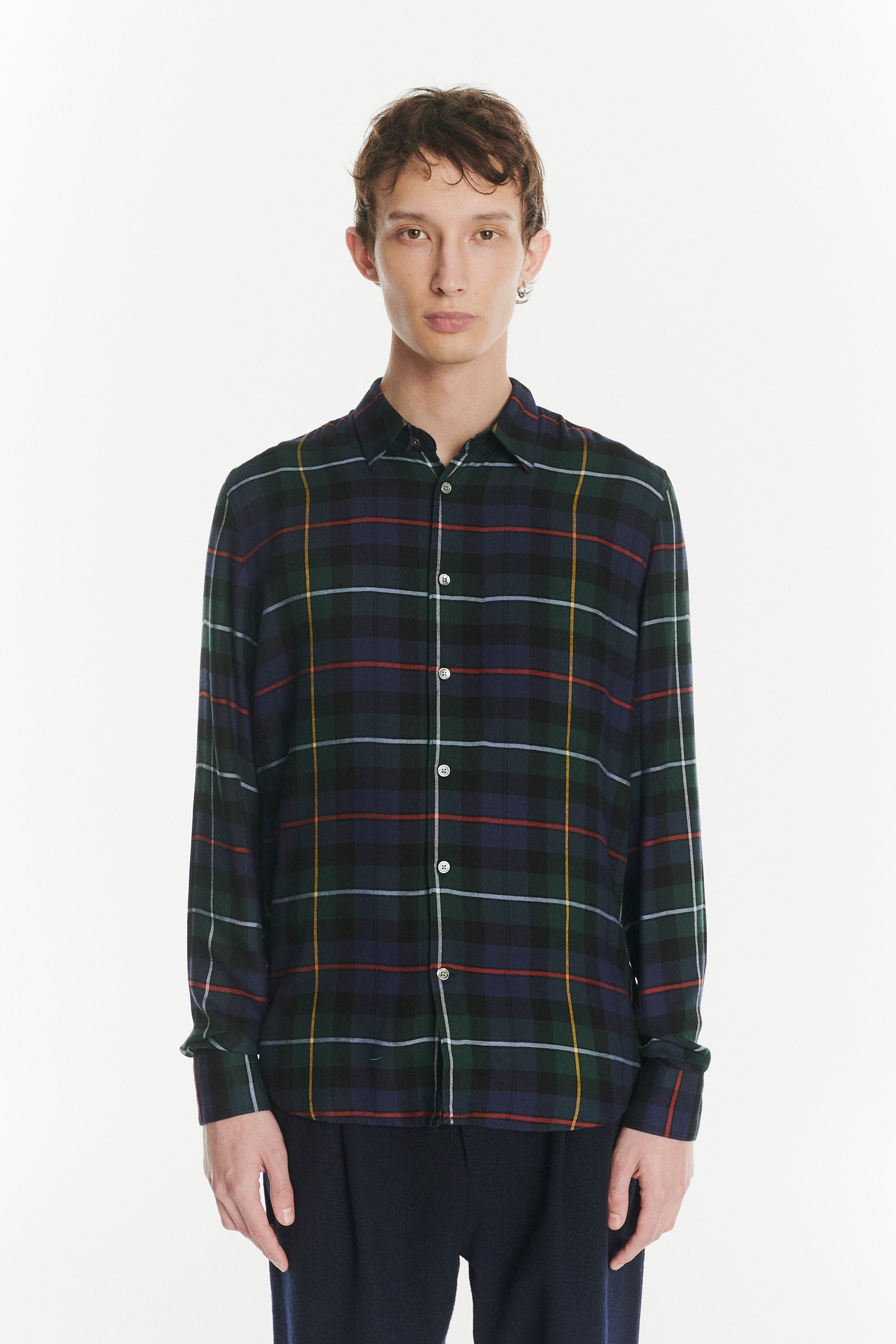 Feel Good Shirt in the Finest Dark Blue, Green, Red and Yellow  Chequered Fluid Italian Modal