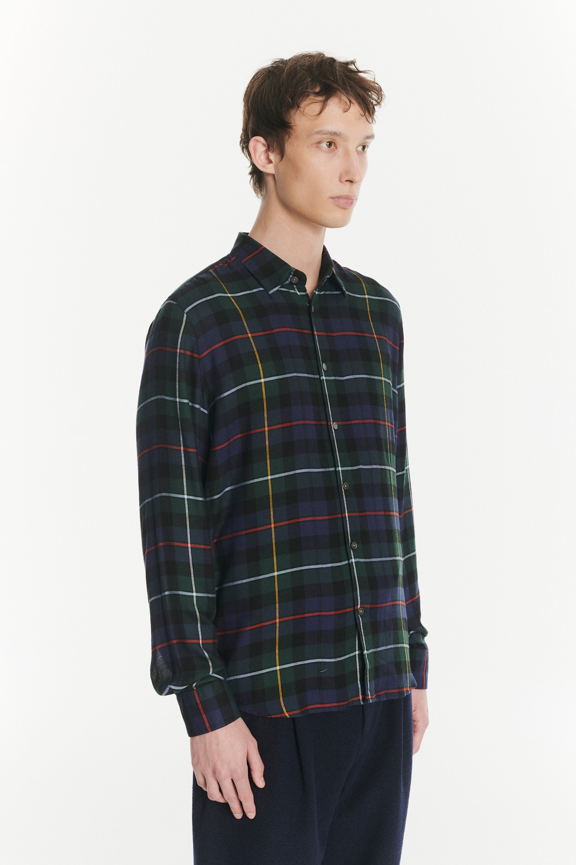 Feel Good Shirt in the Finest Dark Blue, Green, Red and Yellow  Chequered Fluid Italian Modal