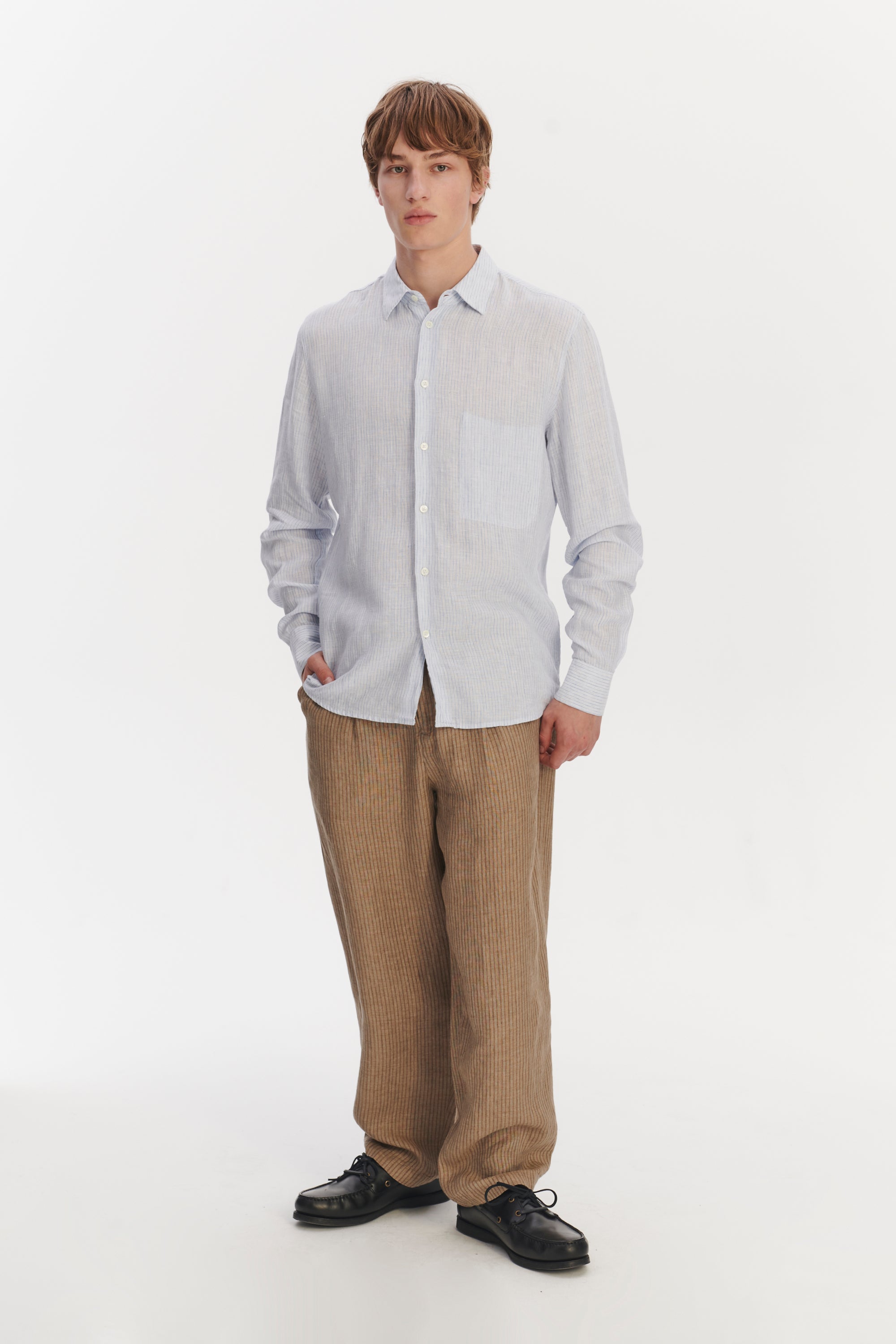 Feel Good Shirt in The Finest White and Subtle Blue Pin Striped Italian Linen