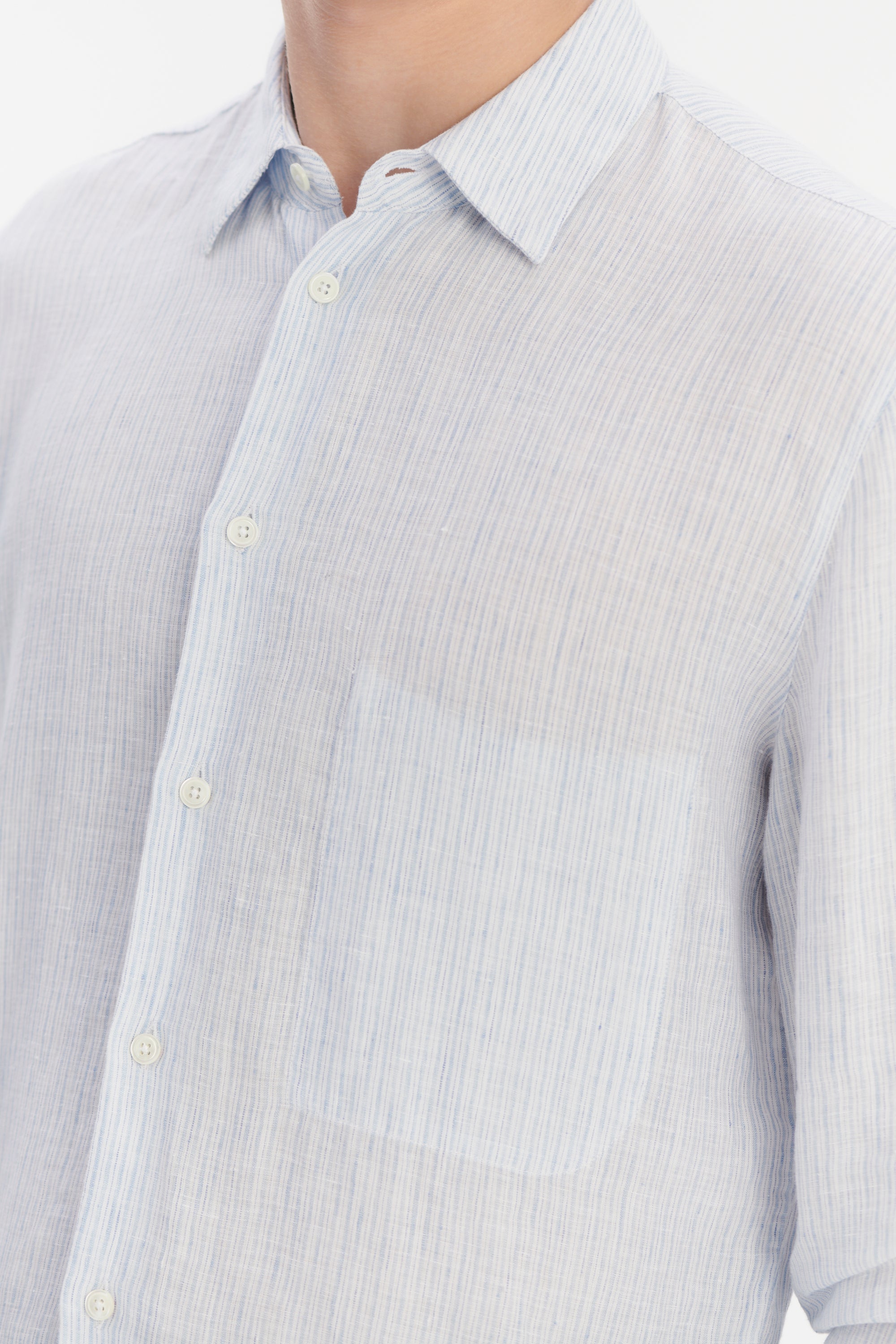 Feel Good Shirt in The Finest White and Subtle Blue Pin Striped Italian Linen