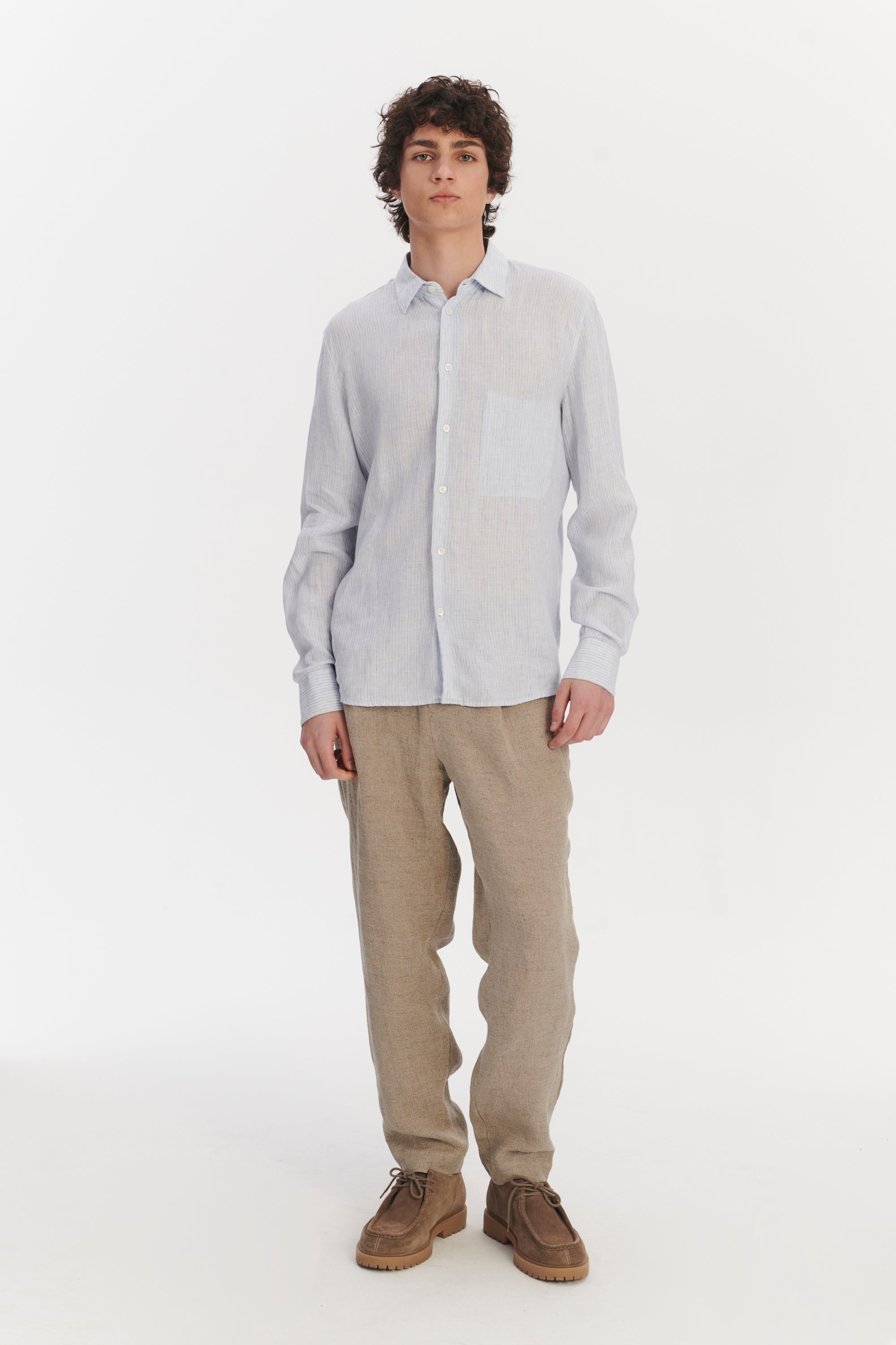 Feel Good Shirt in The Finest White and Subtle Blue Pin Striped Italian Linen