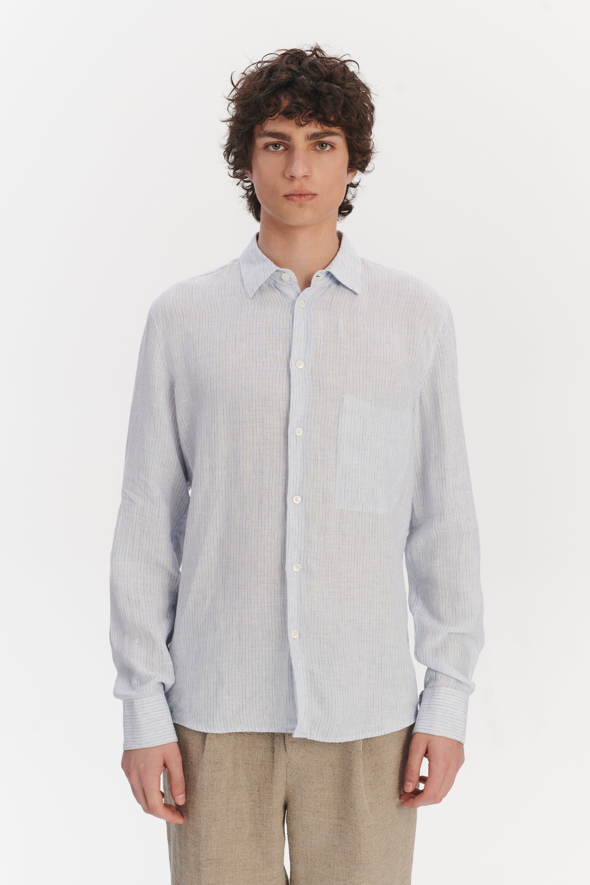 Feel Good Shirt in The Finest White and Subtle Blue Pin Striped Italian Linen