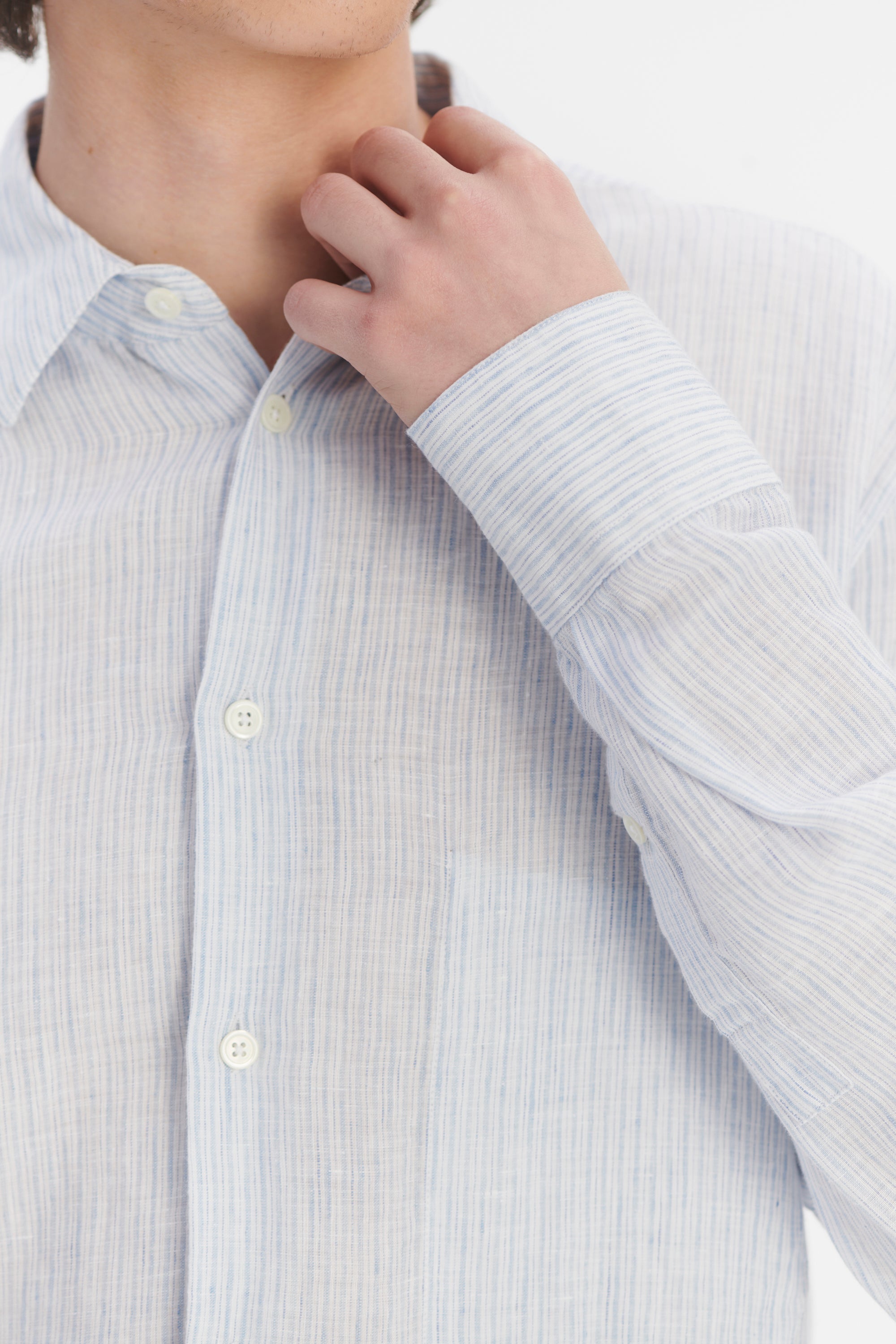 Feel Good Shirt in The Finest White and Subtle Blue Pin Striped Italian Linen