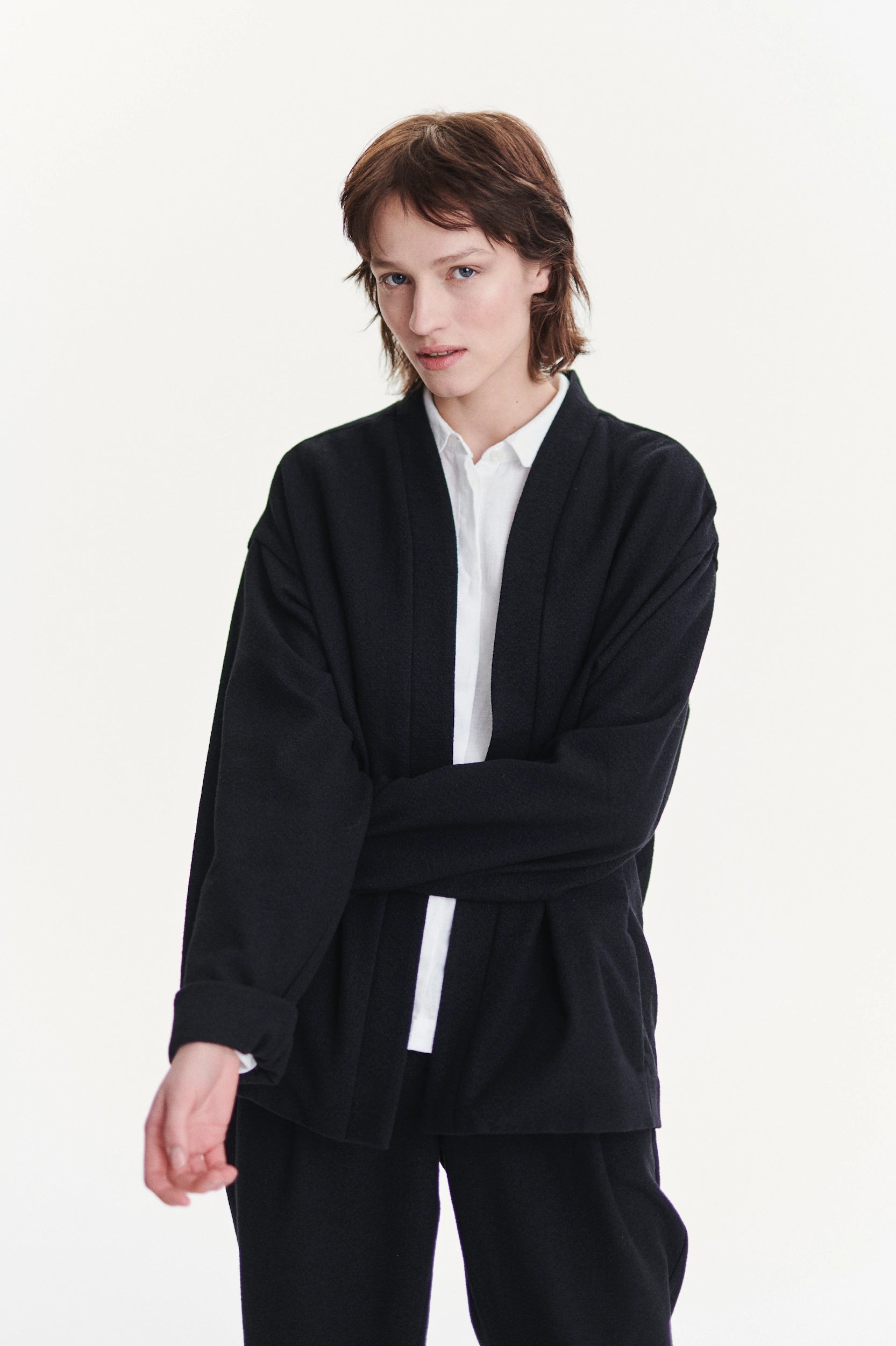 Minimal Kimono in a Black Italian Cotton and Virgin Wool Seersucker